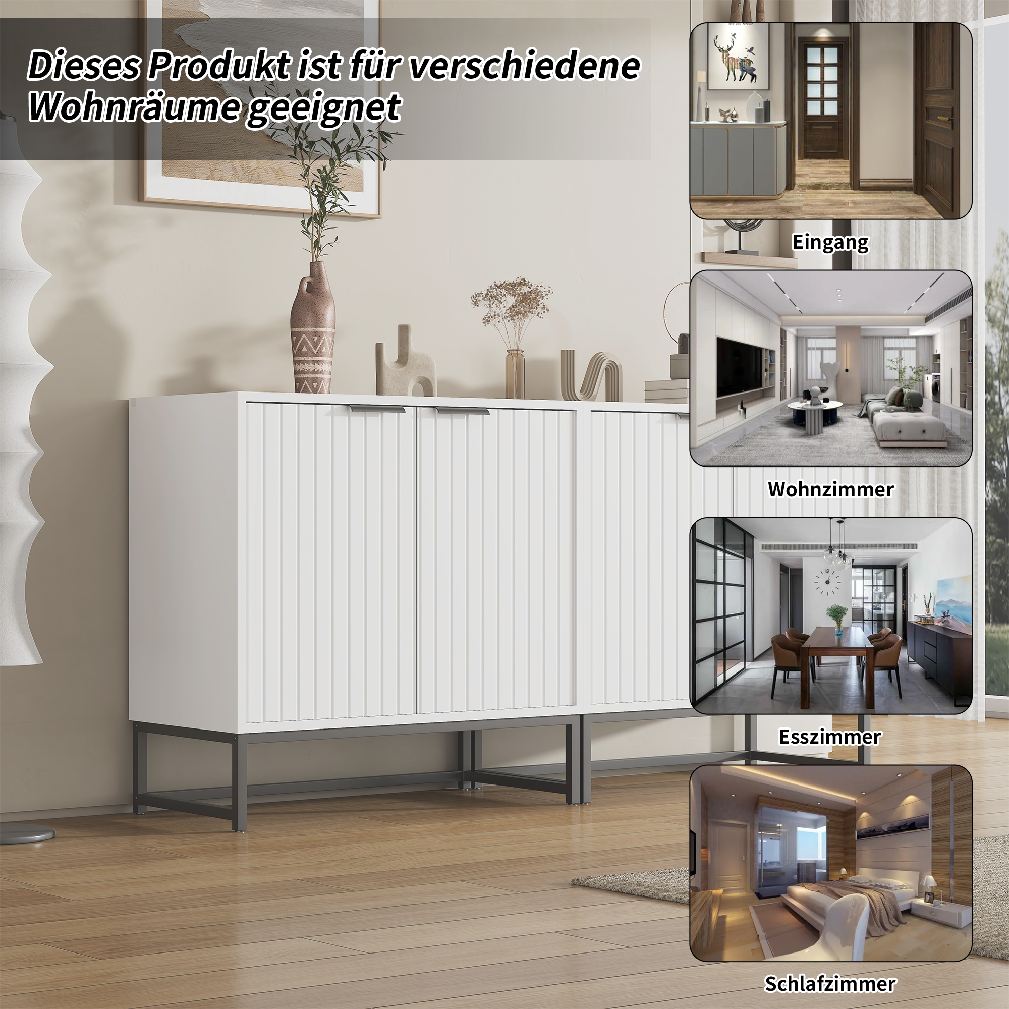 Ein weißer Schrank mit vertikalen Linien, gezeigt in verschiedenen Heimumgebungen. Beinhaltet Schlafzimmer, Wohnzimmer und Esszimmer.
