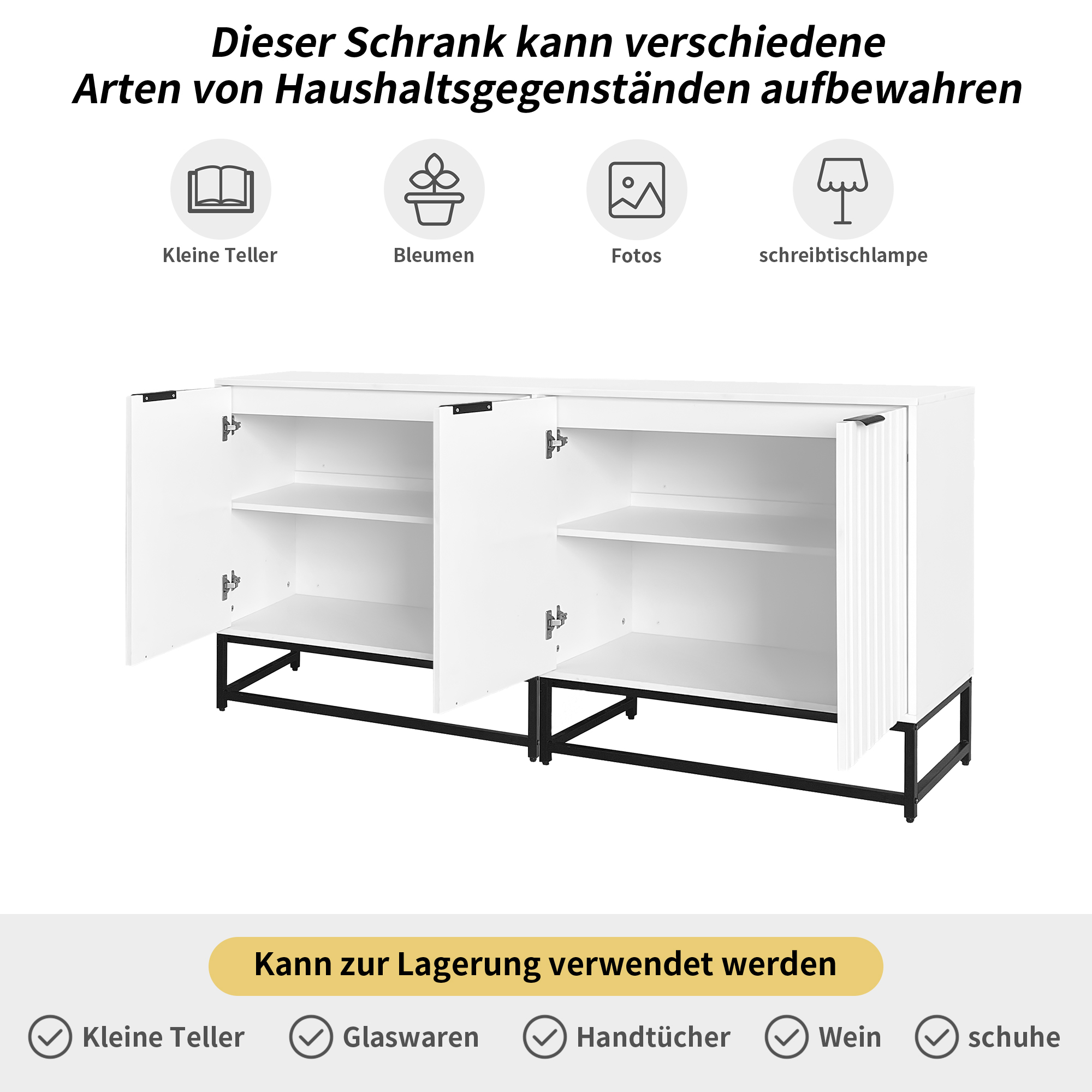Weißer Schrank mit offenen Türen, der Regale zeigt. Symbole zeigen kleine Teller, Blumen, Fotos und eine Schreibtischlampe.