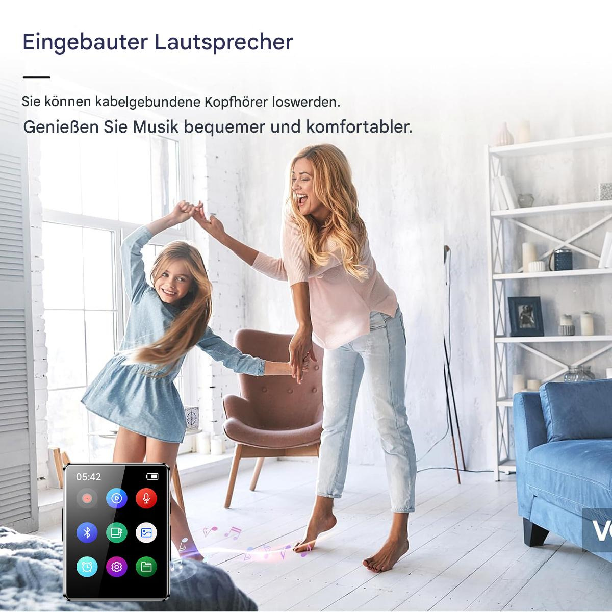 Zwei Frauen tanzen, ein Musikplayer auf dem Boden.