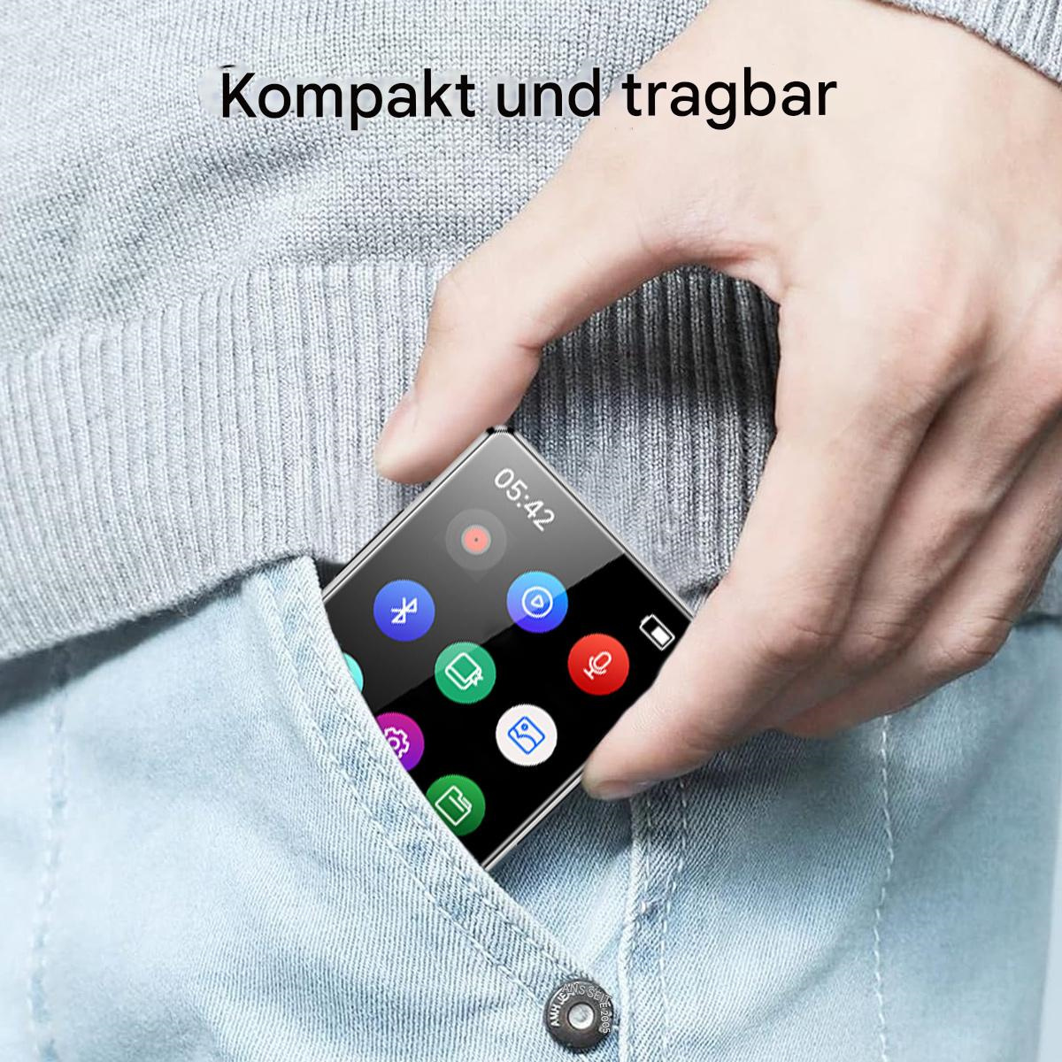 Eine Hand, die einen kompakten Musikplayer mit Symbolen auf dem Bildschirm hält.