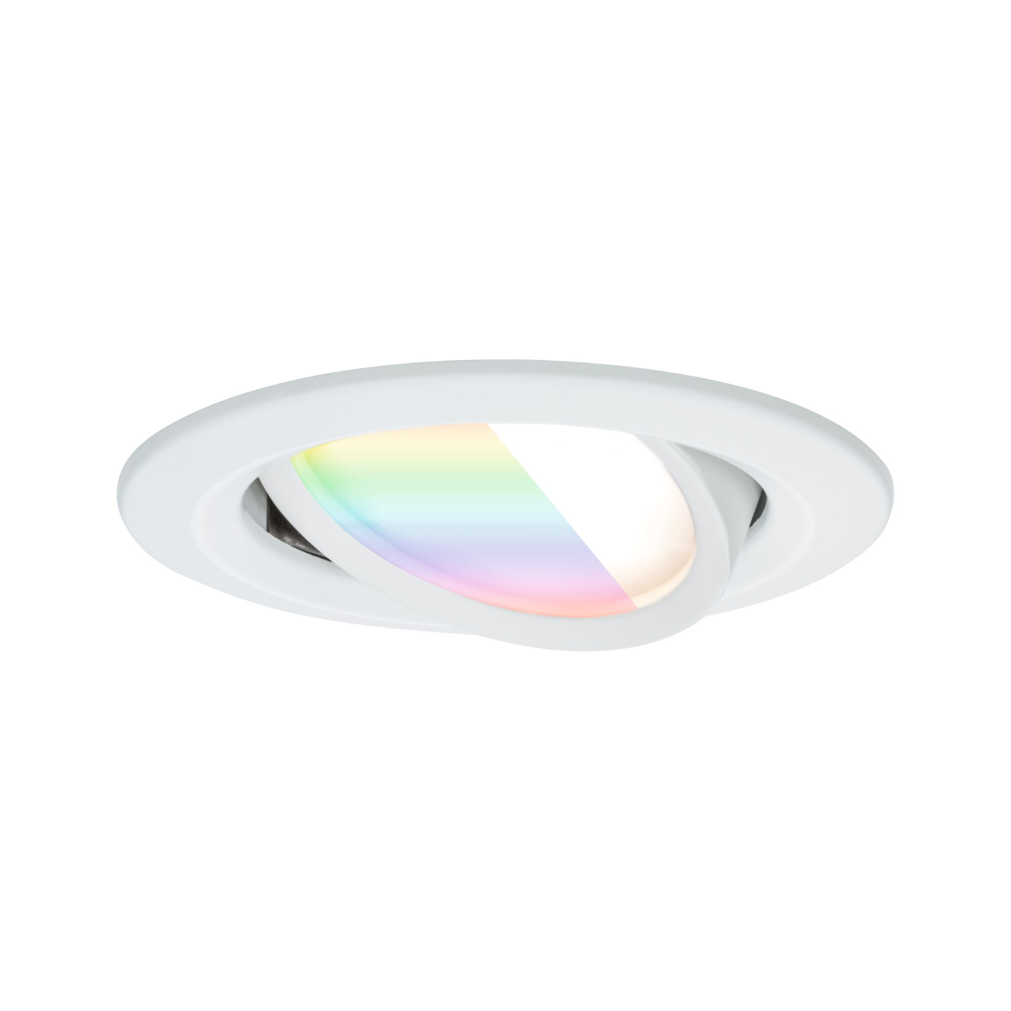 Einbaustrahler mit bunten Licht. Der Hintergrund ist weiß.