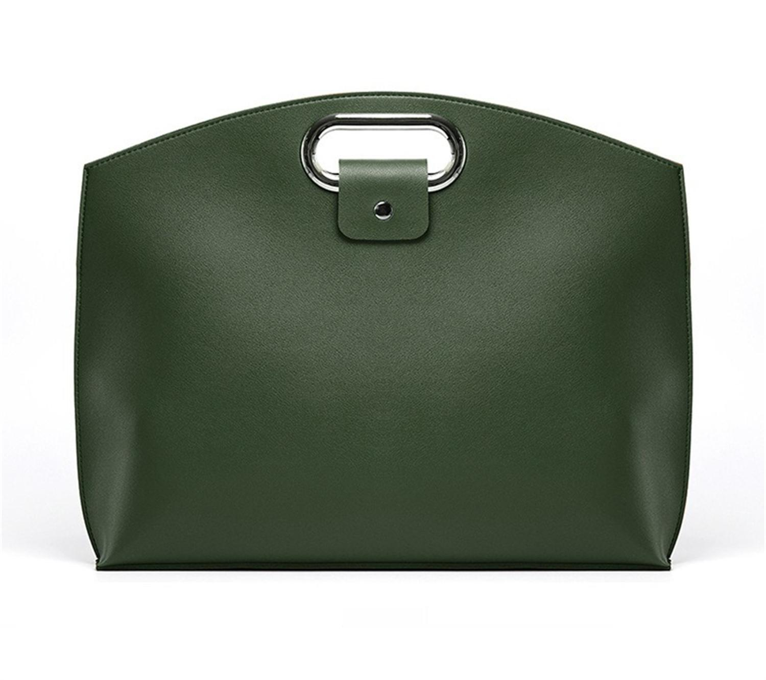 Grüne Handtasche mit silbernem Griff und Schnallenverschluss.