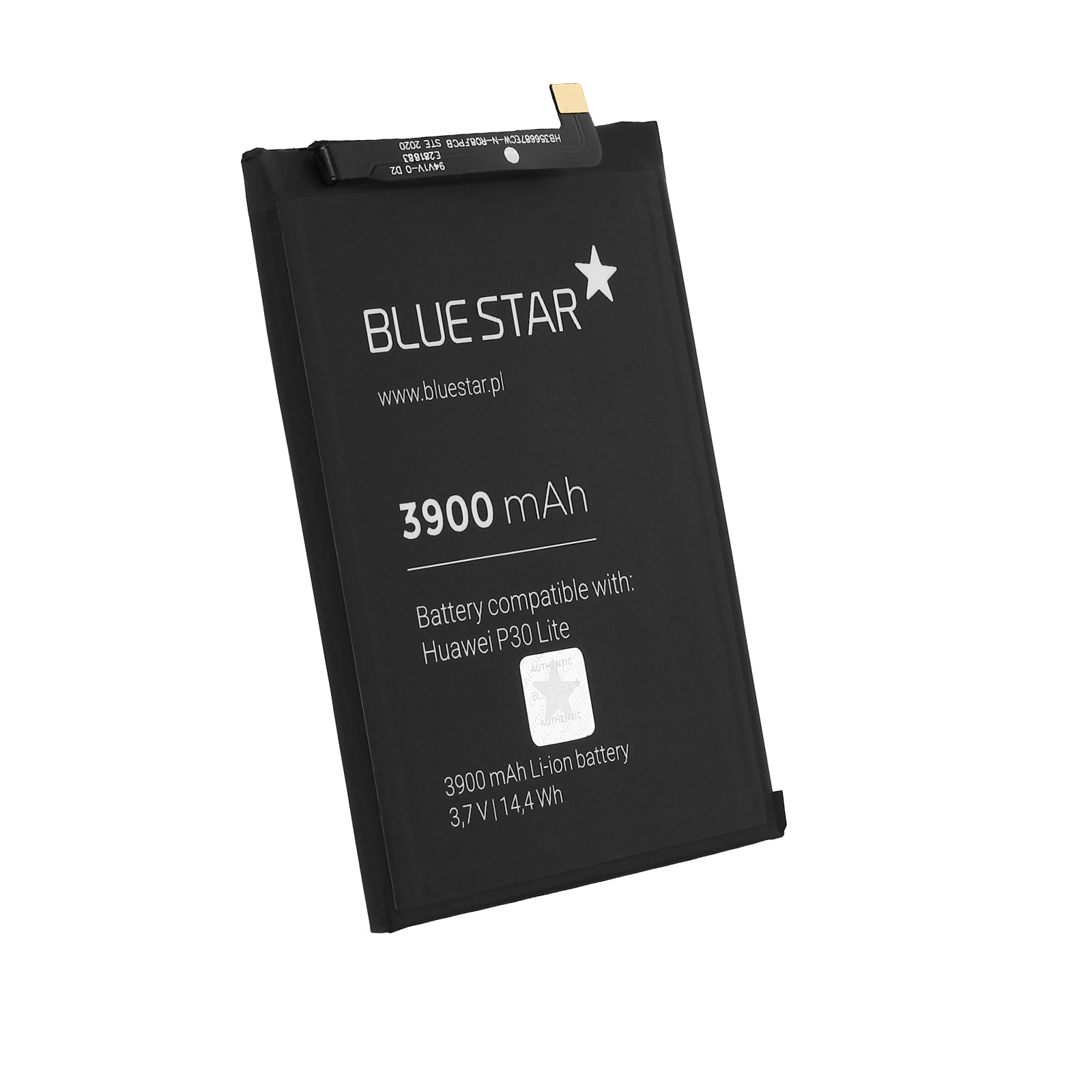 Batteria nera con etichetta 'BLUE STAR', 3900 mAh, compatibile con Huawei P30 Lite. Sfondo bianco.