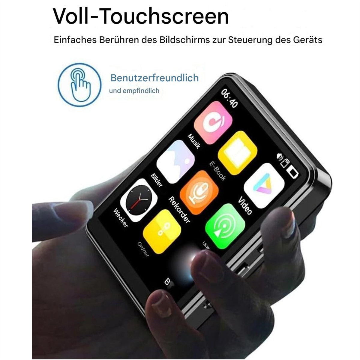 Hand hält schwarzen MP3-Player mit Symbolen. Weißer Hintergrund.
