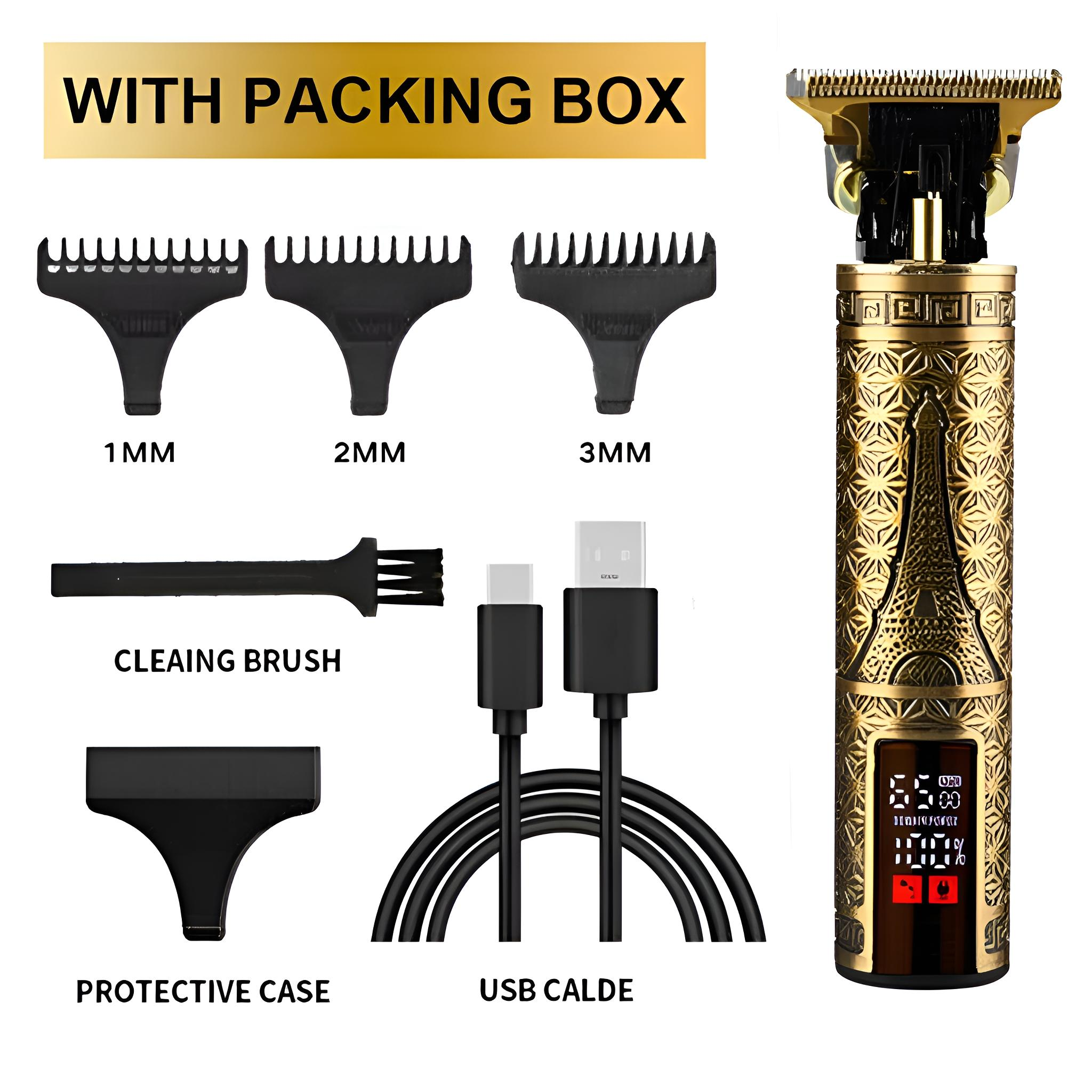 Elektrischer Trimmer mit Aufsätzen: Kämme, Reinigungsbürste, Schutzhülle und USB-Kabel. Auf der Schachtel steht WITH PACKING BOX.