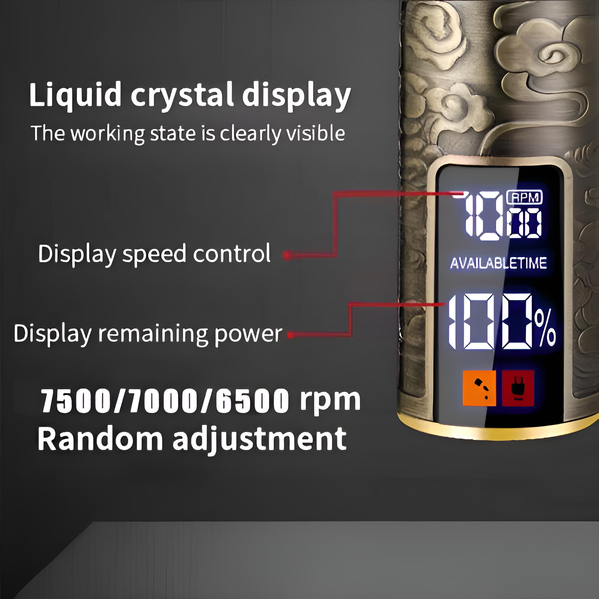 Nahaufnahme des Displays eines Rasierers, das RPM und Akkulaufzeit anzeigt. Text zeigt Geschwindigkeitsregelung und Restleistung.