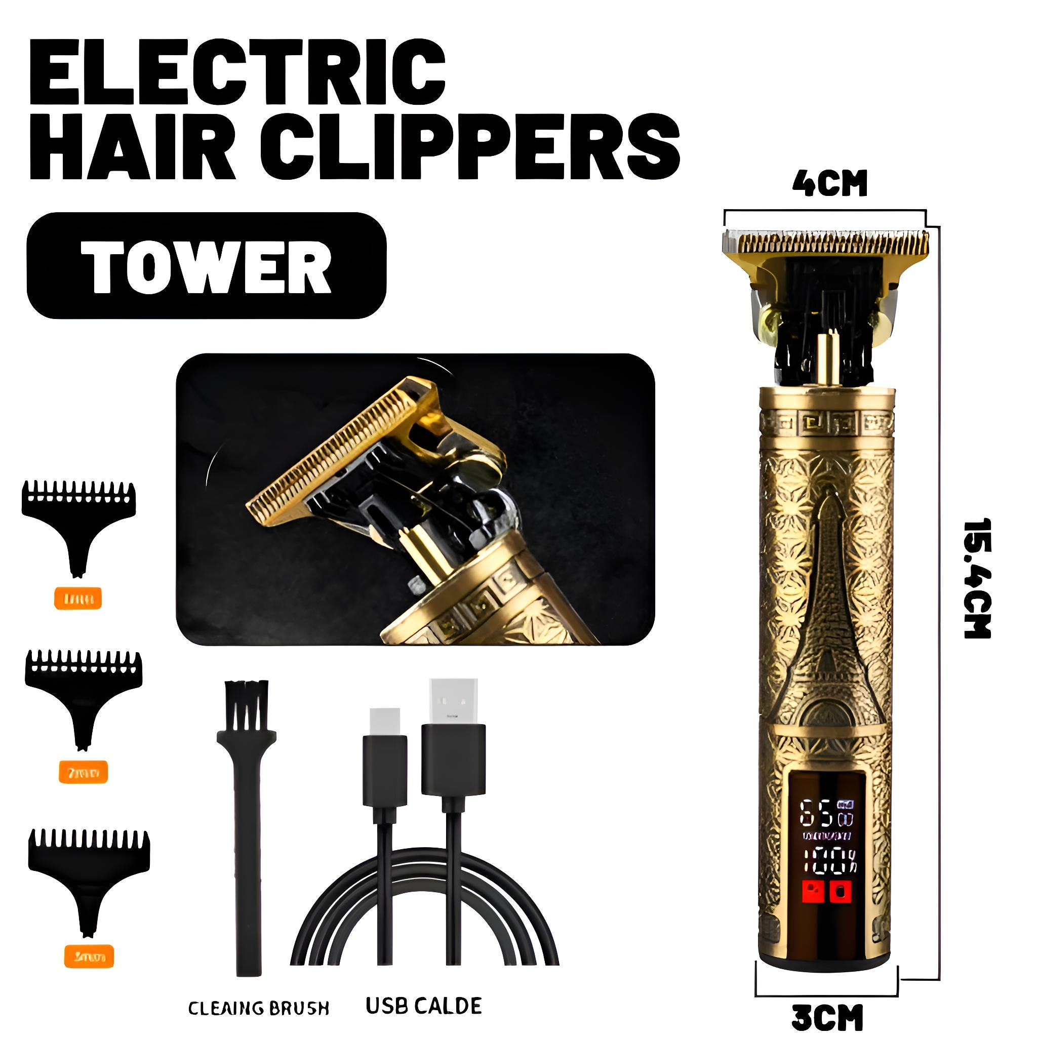 Goldene und schwarze elektrische Haarschneidemaschine mit Zubehör, einschließlich Klingen und Bürste.