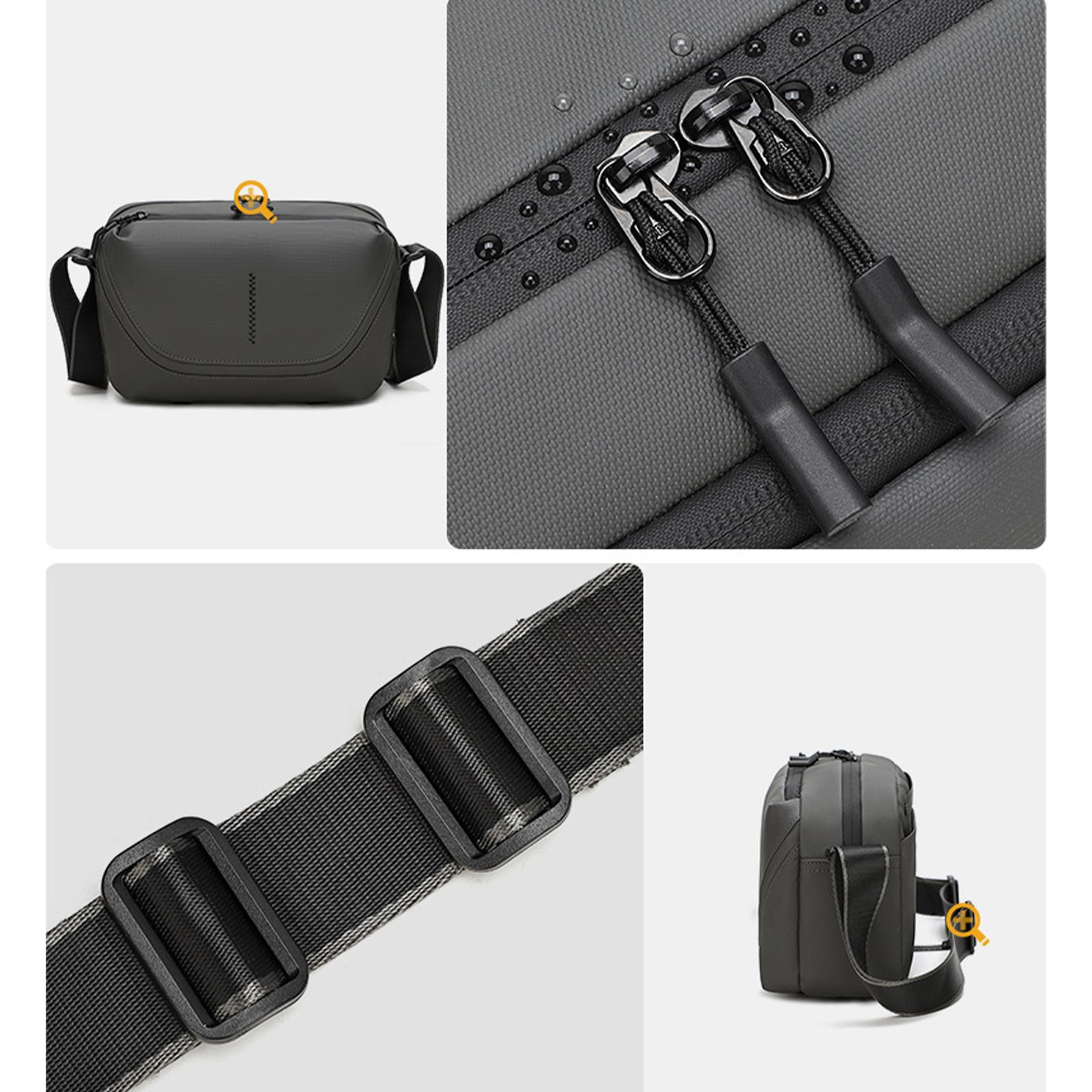 Nahaufnahme einer grauen Tasche mit Reißverschlüssen, Riemen und einem Schlüssel.