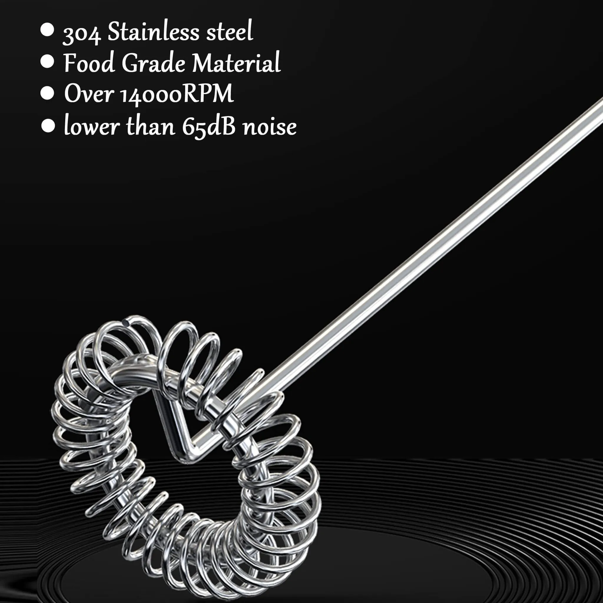 Nahaufnahme eines Aufschäumkopfes mit Edelstahlspirale. Textdetails: 304 Edelstahl, Lebensmittelqualität.