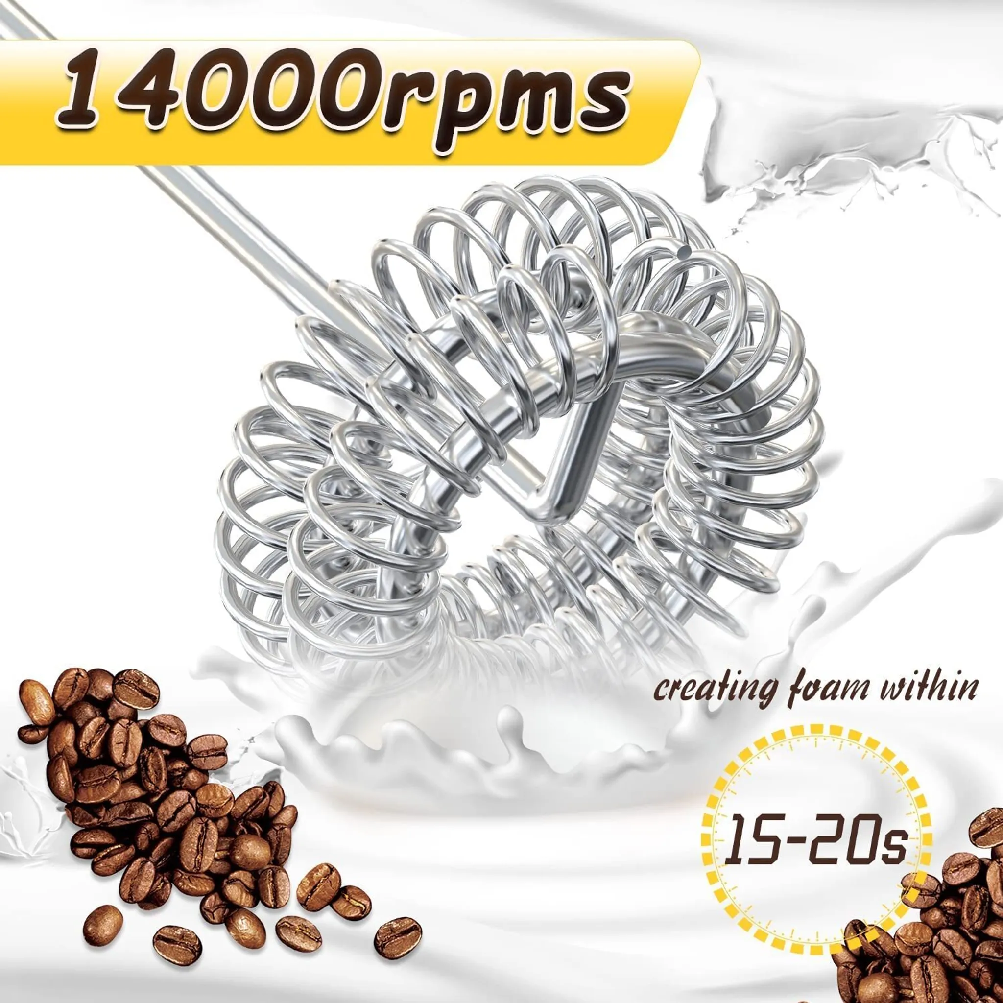 Aufschäumerkopf erzeugt Schaum in 15-20 Sekunden. Kaffeebohnen und Milchspritzer sind sichtbar. 14000 U/min.