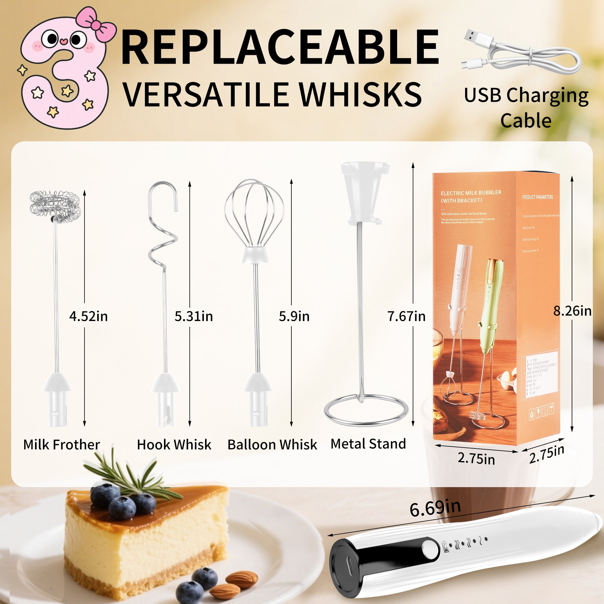Milchaufschäumer mit Aufsätzen und Abmessungen. Beinhaltet einen Kuchen, ein USB-Kabel und eine Geschenkbox.