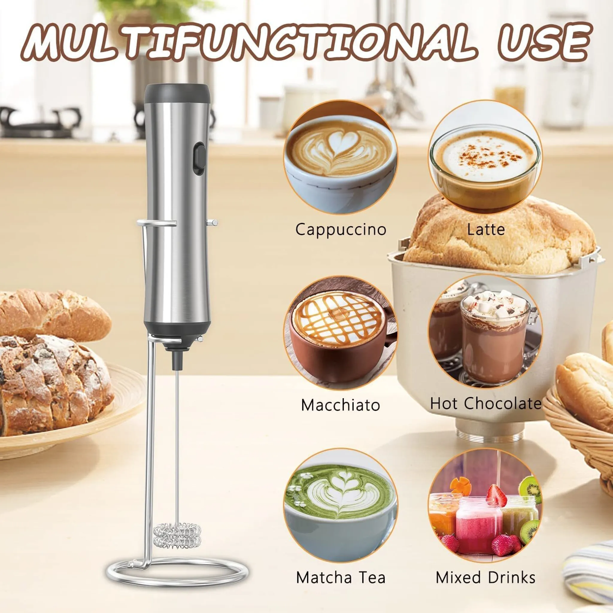 Milchaufschäumer mit verschiedenen Getränken: Cappuccino, Latte, Macchiato, heiße Schokolade, Matcha-Tee und Mixgetränke.