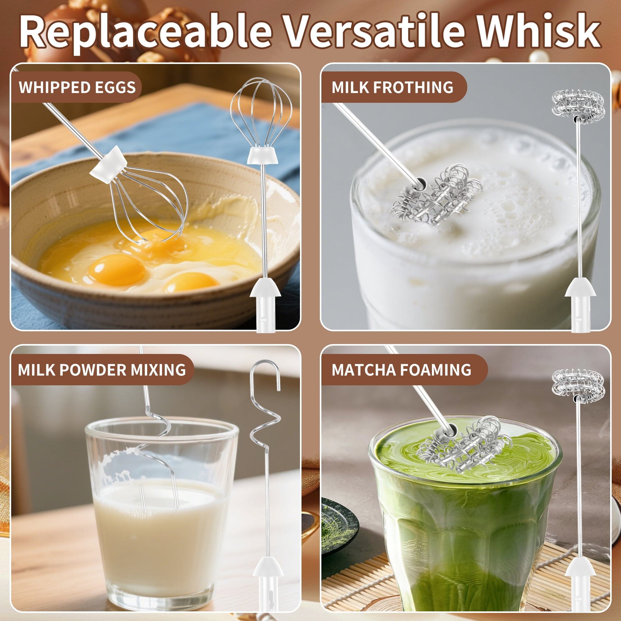 Vier Bilder zeigen die Verwendung eines vielseitigen Schneebesens: Geschlagene Eier, Milchaufschäumen, Milchpulver mischen, Matcha schäumen.