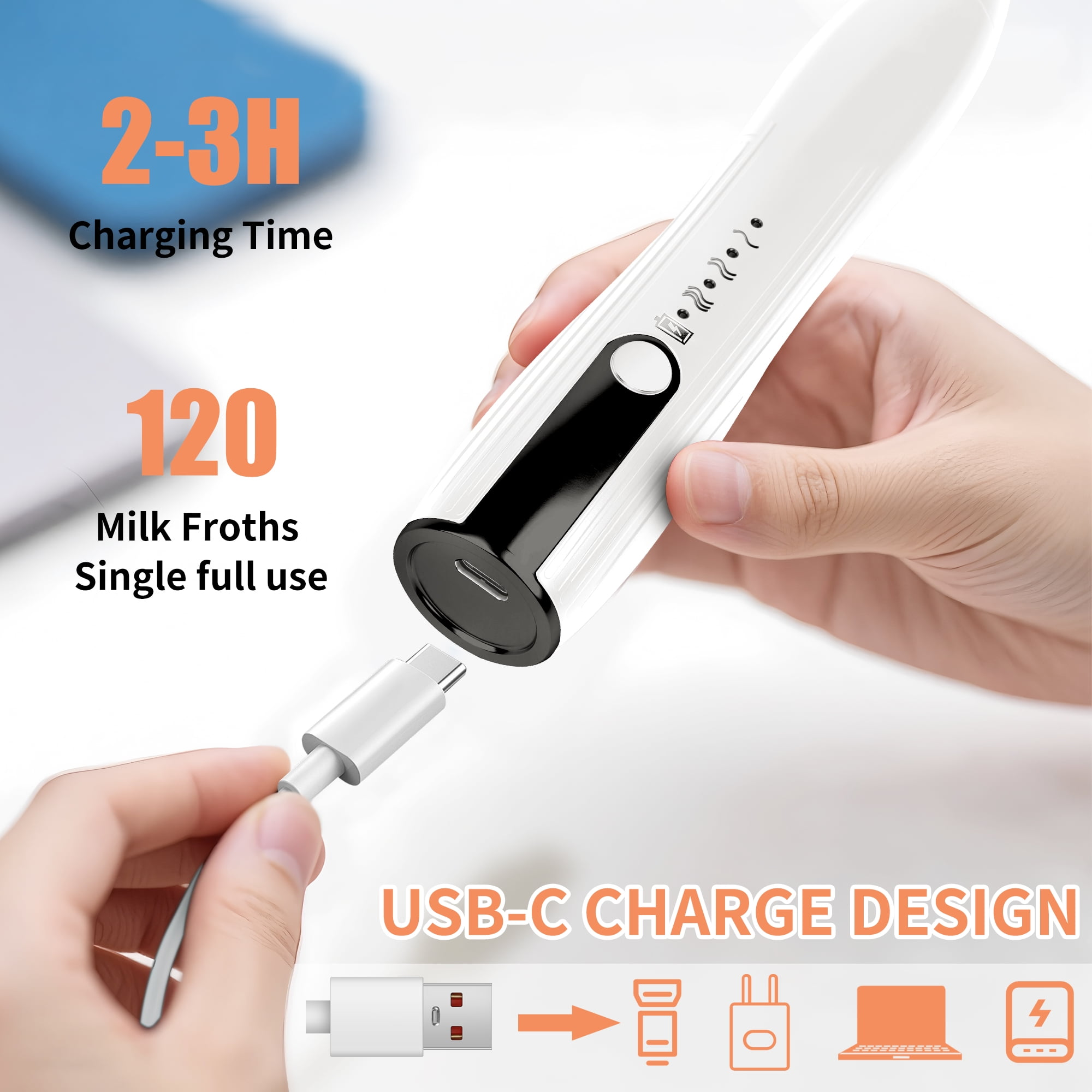 Eine Hand, die ein USB-C-Kabel in einen Milchaufschäumer steckt. Text: 2-3 Stunden Ladezeit, 120 Milchschäume.