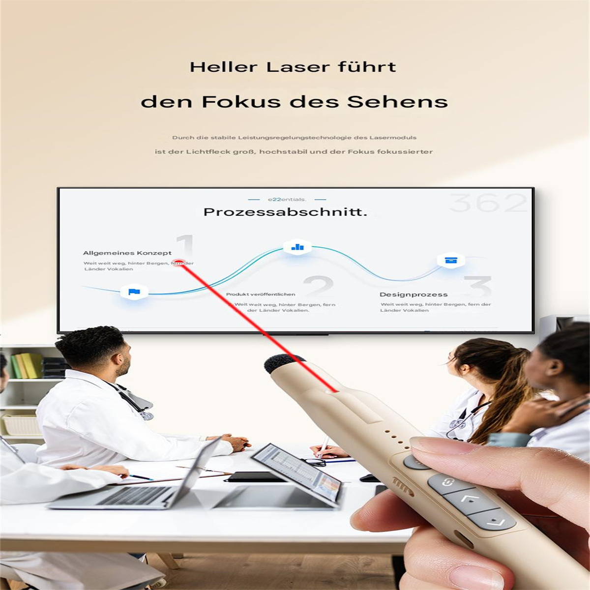 Ein beiger Präsentationsstift mit rotem Laser zeigt auf einen Bildschirm. Menschen im Hintergrund sind auf einer Konferenz.