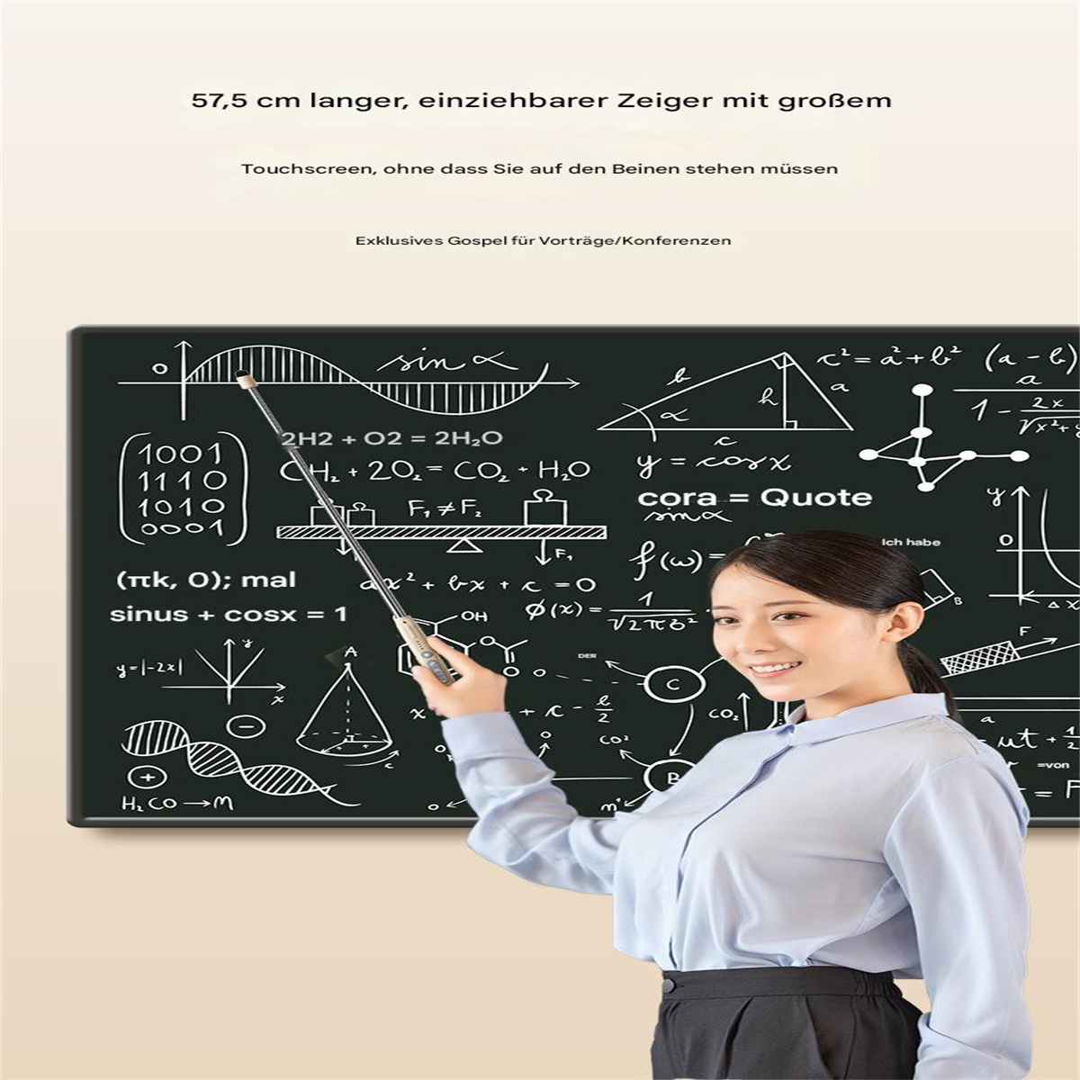 Eine Frau zeigt auf eine Tafel mit mathematischen Formeln. Text auf Deutsch. Enthält Formeln und Grafiken.