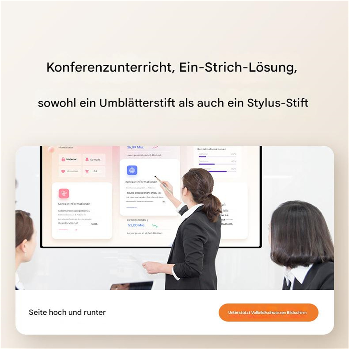 Personen in einem Konferenzraum mit einer Whiteboard-Präsentation. Der Präsentator verwendet ein stiftähnliches Gerät.