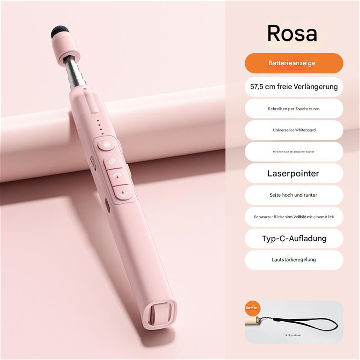 Rosa stiftähnliches Gerät mit rosa Hintergrund. Merkmale: Laserpointer, Lautstärkeregelung und USB-C-Aufladung.