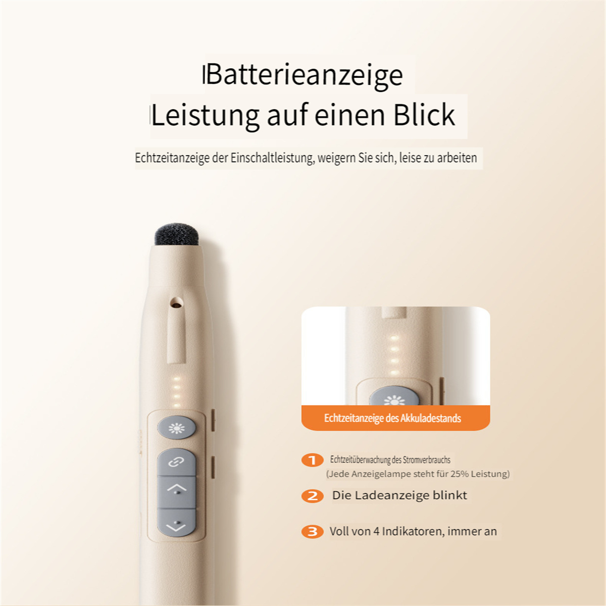 Ein beiger elektrischer Stift mit schwarzer Spitze und Knöpfen, der den Akkuladestand anzeigt.