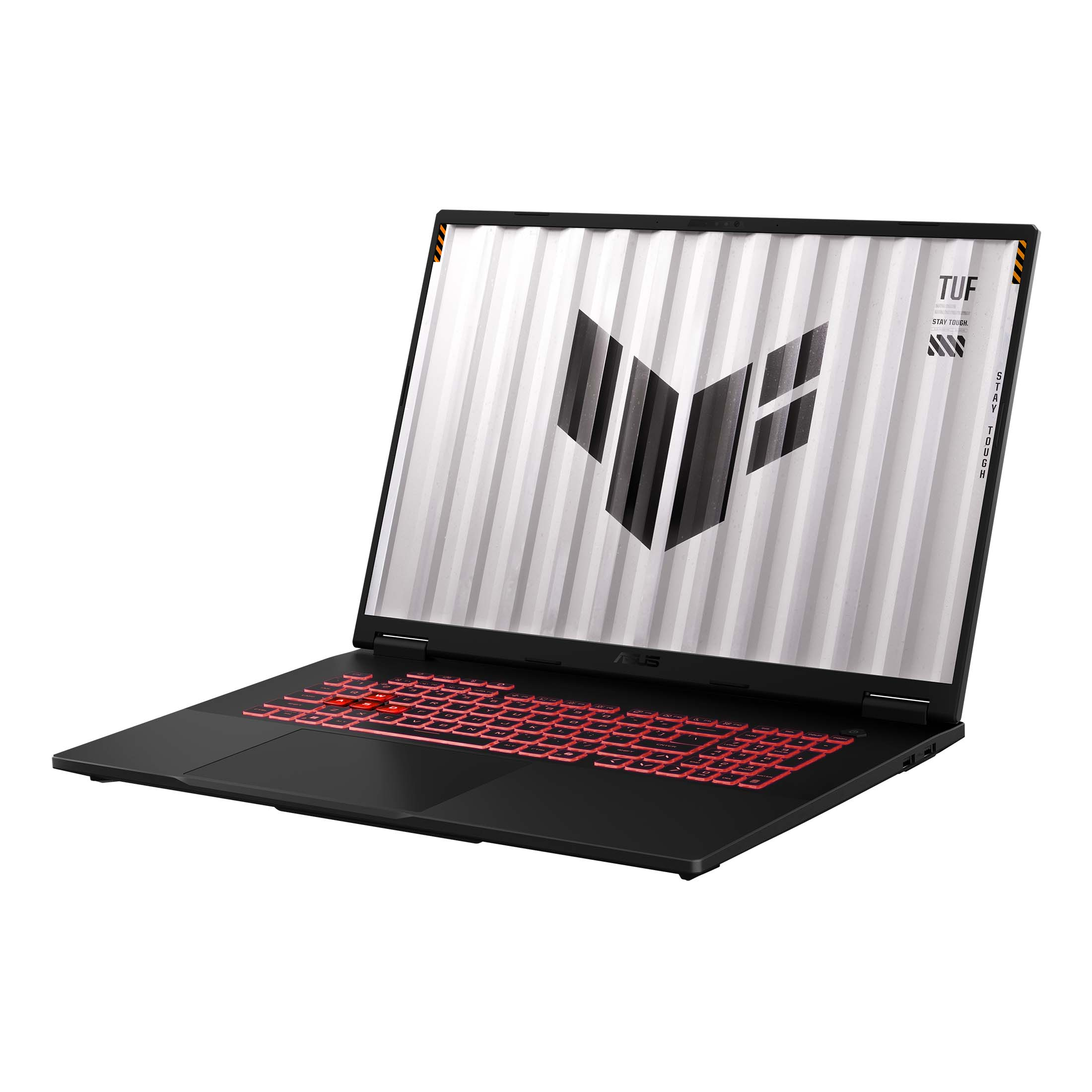 Schwarzer Laptop mit roter Tastatur, weißem Bildschirm mit Logo. Schwarzer Hintergrund.