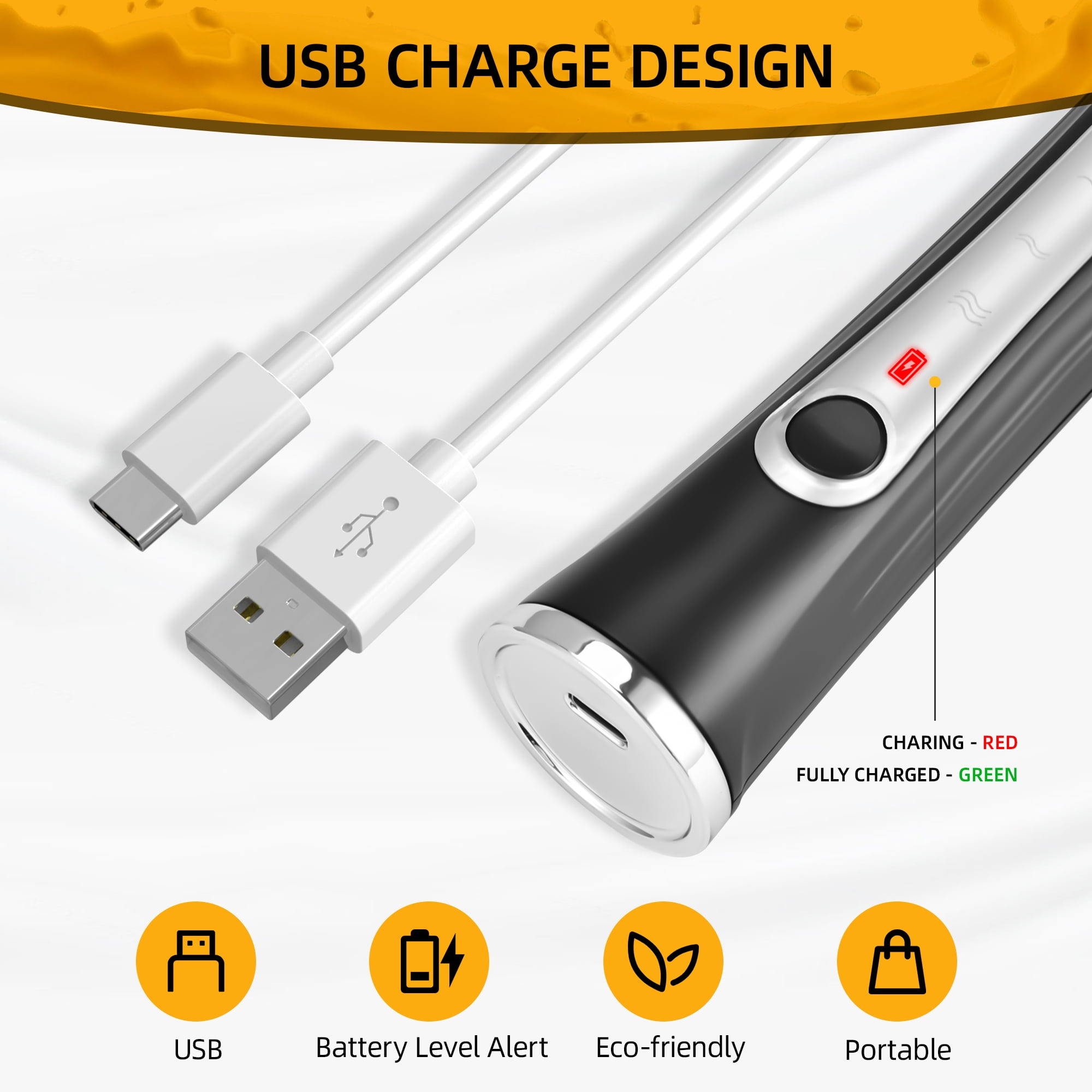 Ein schwarzer Milchaufschäumer, USB-Kabel und Symbole für USB, Akkuladestand, umweltfreundlich und tragbar.