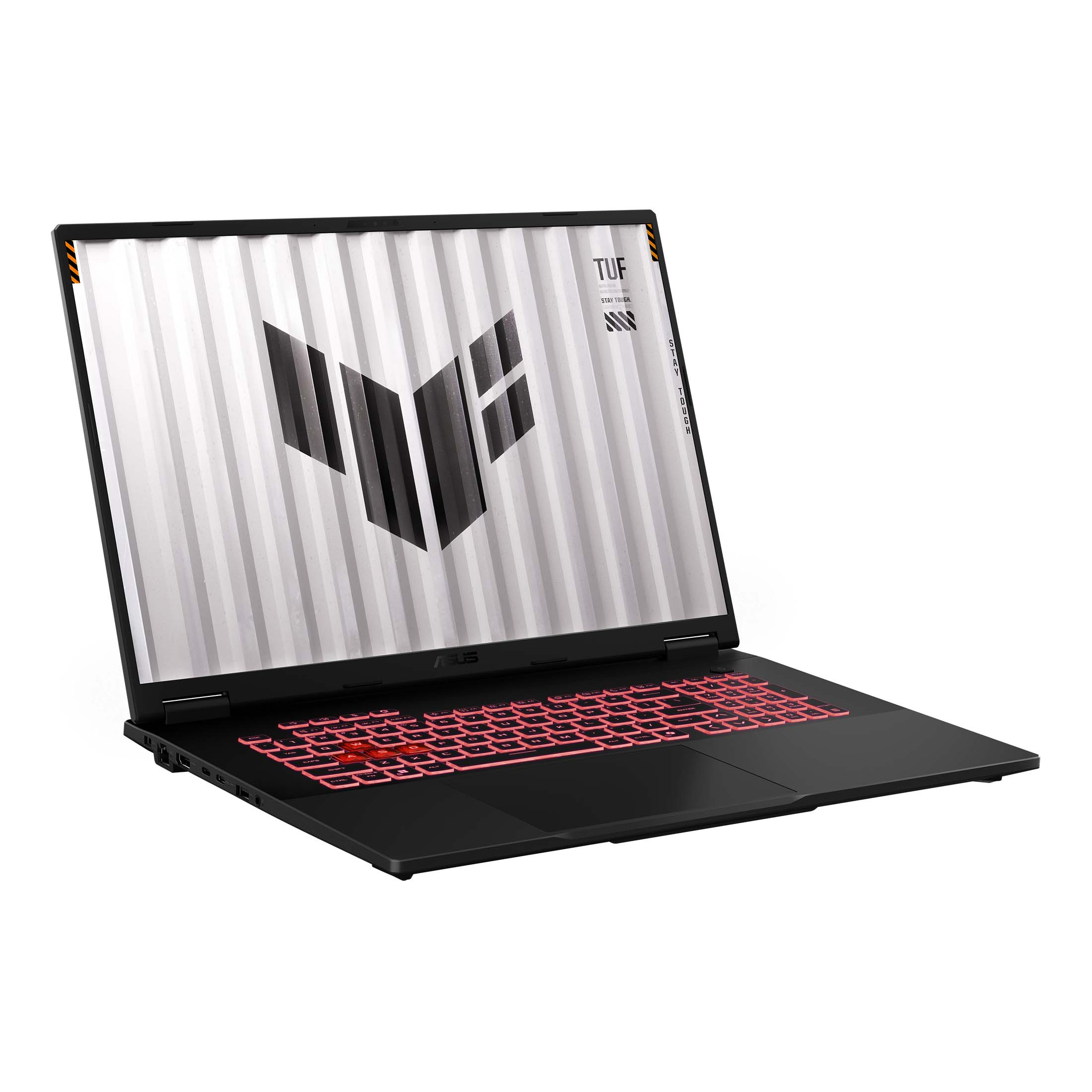 Ein schwarzer Laptop mit rot beleuchteter Tastatur, der Bildschirm zeigt ein Logo.