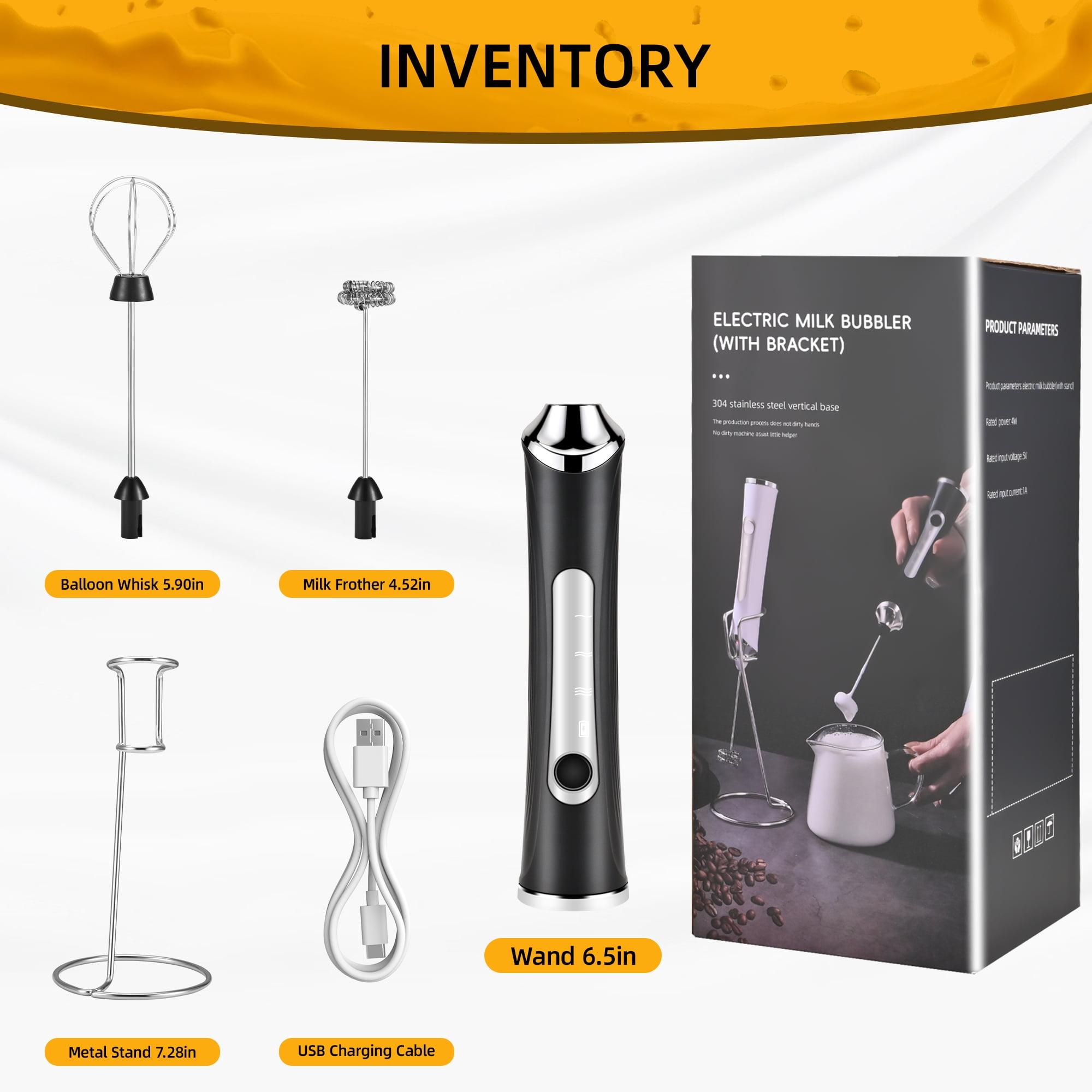 Ein Inventar eines Milchaufschäumers, Ständers, USB-Kabels und einer Box mit Produktinformationen.