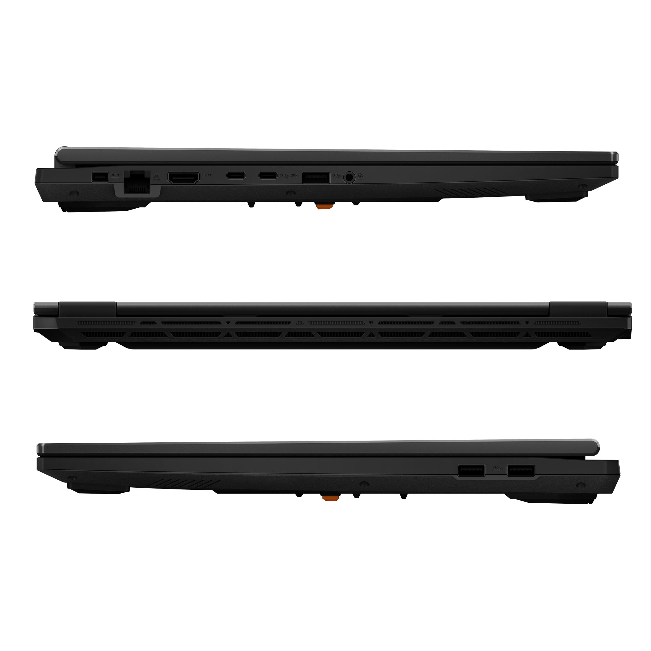 Drei Ansichten eines schwarzen Laptops, die Seiten, Anschlüsse und Lüftungsschlitze zeigen. Der Laptop ist geschlossen.