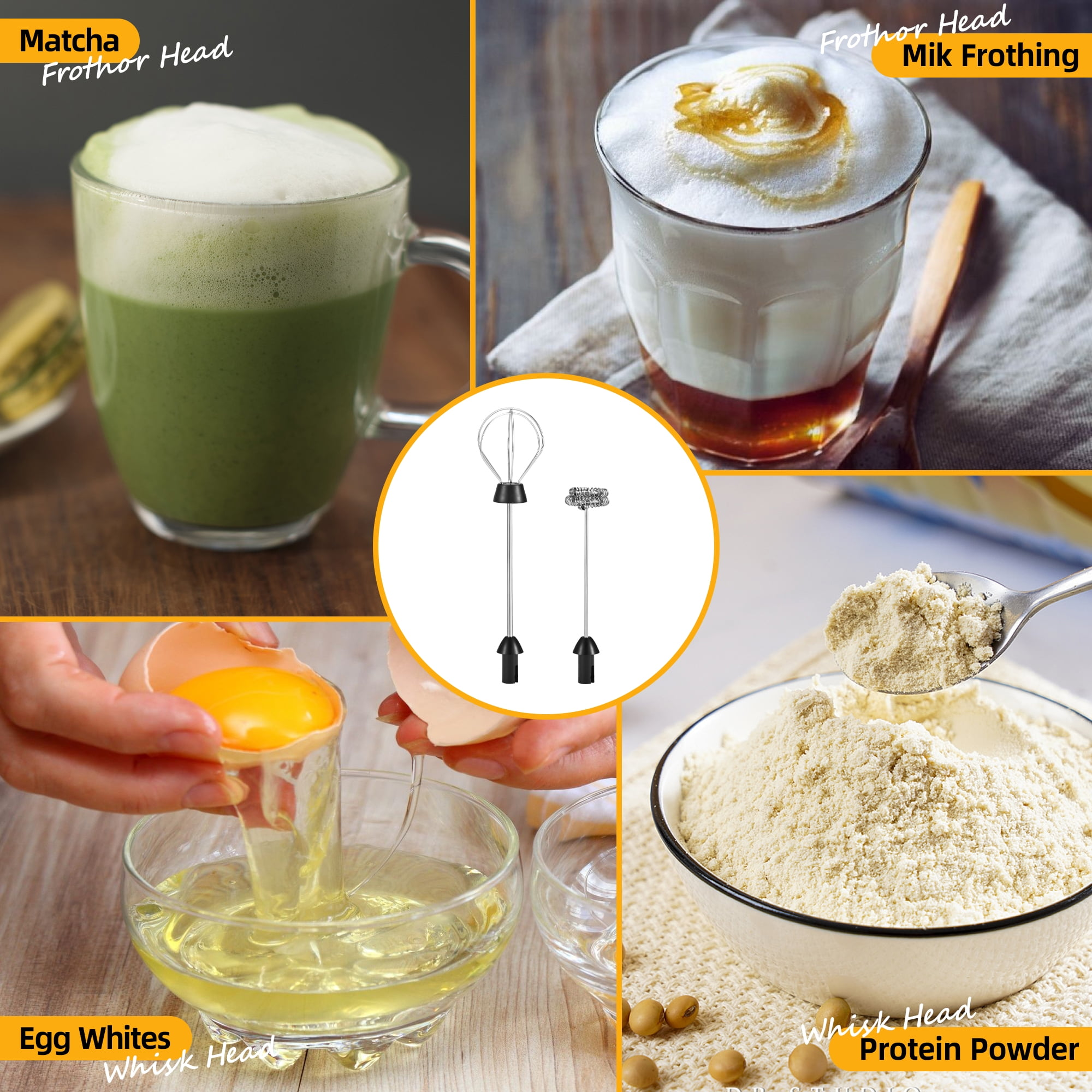 Vier Bilder, die Matcha, einen Latte, Eiweiß und Proteinpulver beim Aufschäumen zeigen.