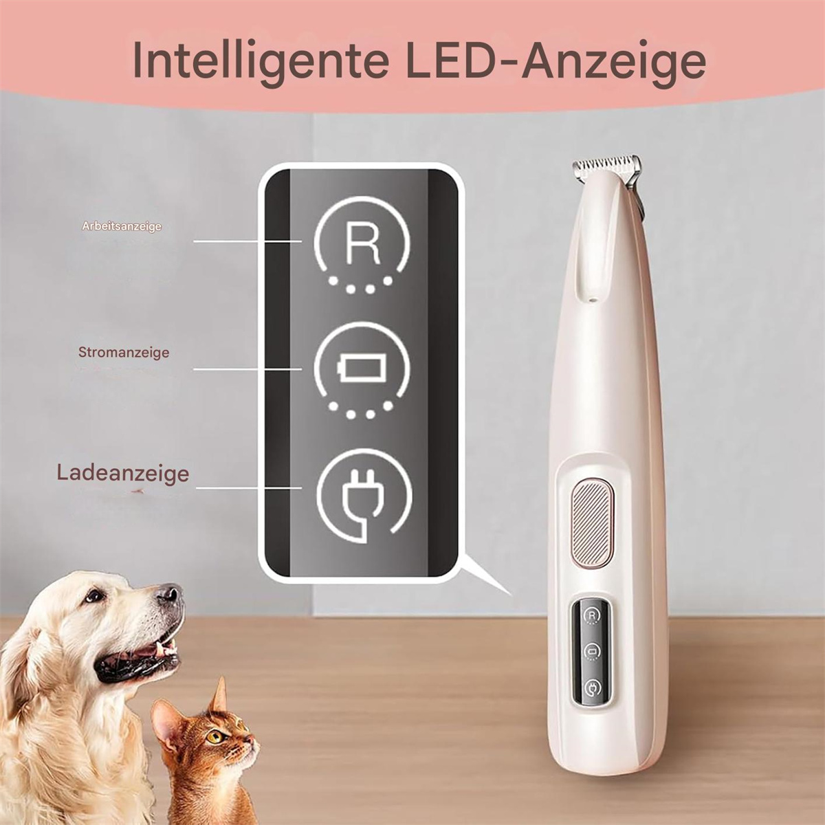 Ein weißes und goldenes Tierpflegegerät mit Digitalanzeige und zwei Haustieren, die hinaufschauen.