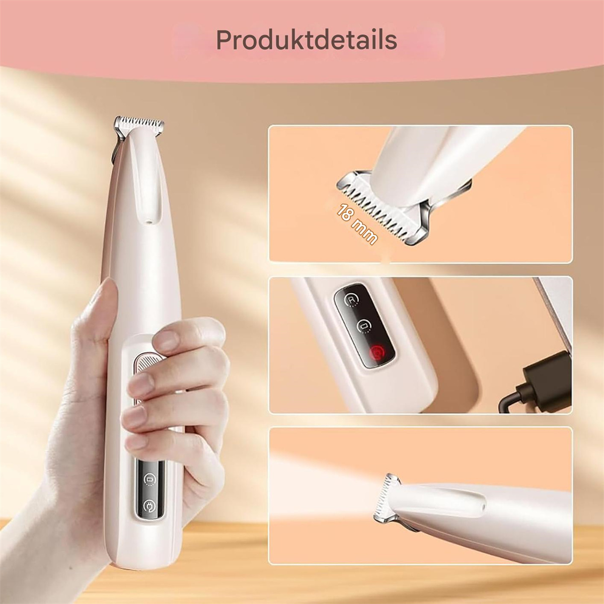 Nahaufnahme einer weißen Tierhaarschneidemaschine. Details der Funktionen der Maschine werden gezeigt. Text: 'Produktdetails'.
