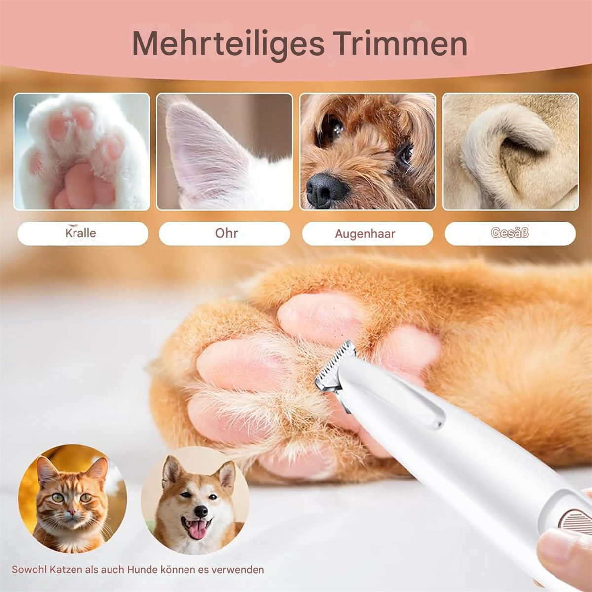 Weiße Tierhaarschneidemaschine, die verschiedene Tierteile trimmt. Enthält Pfoten, Ohren und Schwänze von Tieren.