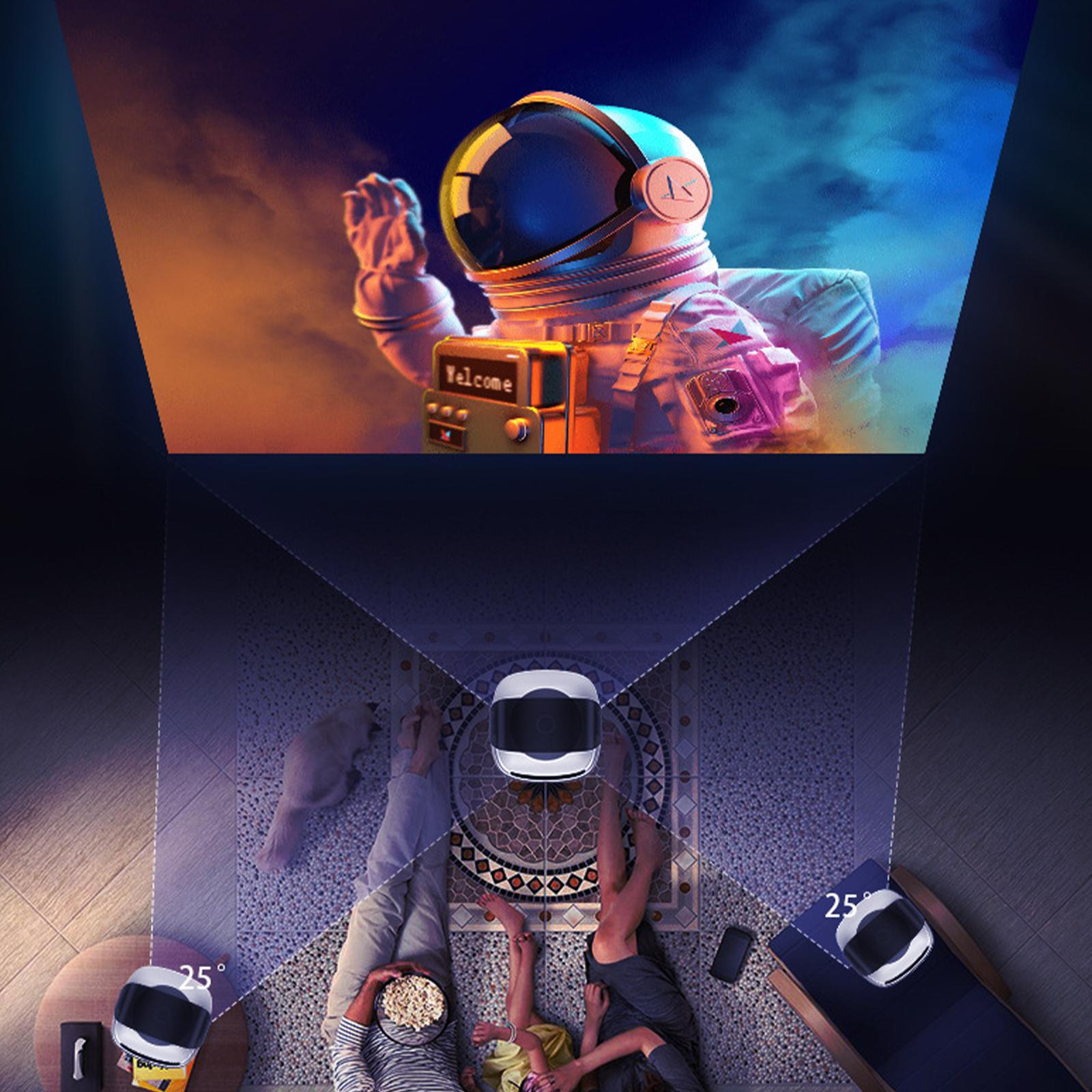Eine Projektionsszene mit einem Astronauten und einer Familie, die zuschaut. Der Projektor ist im Vordergrund.