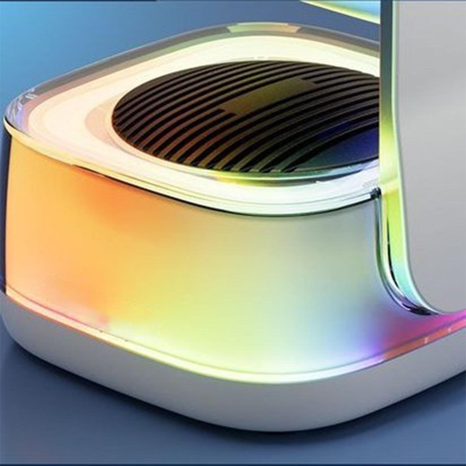 Nahaufnahme eines Projektorsockels mit Regenbogenlichteffekt. Die Basis ist silber und grau.