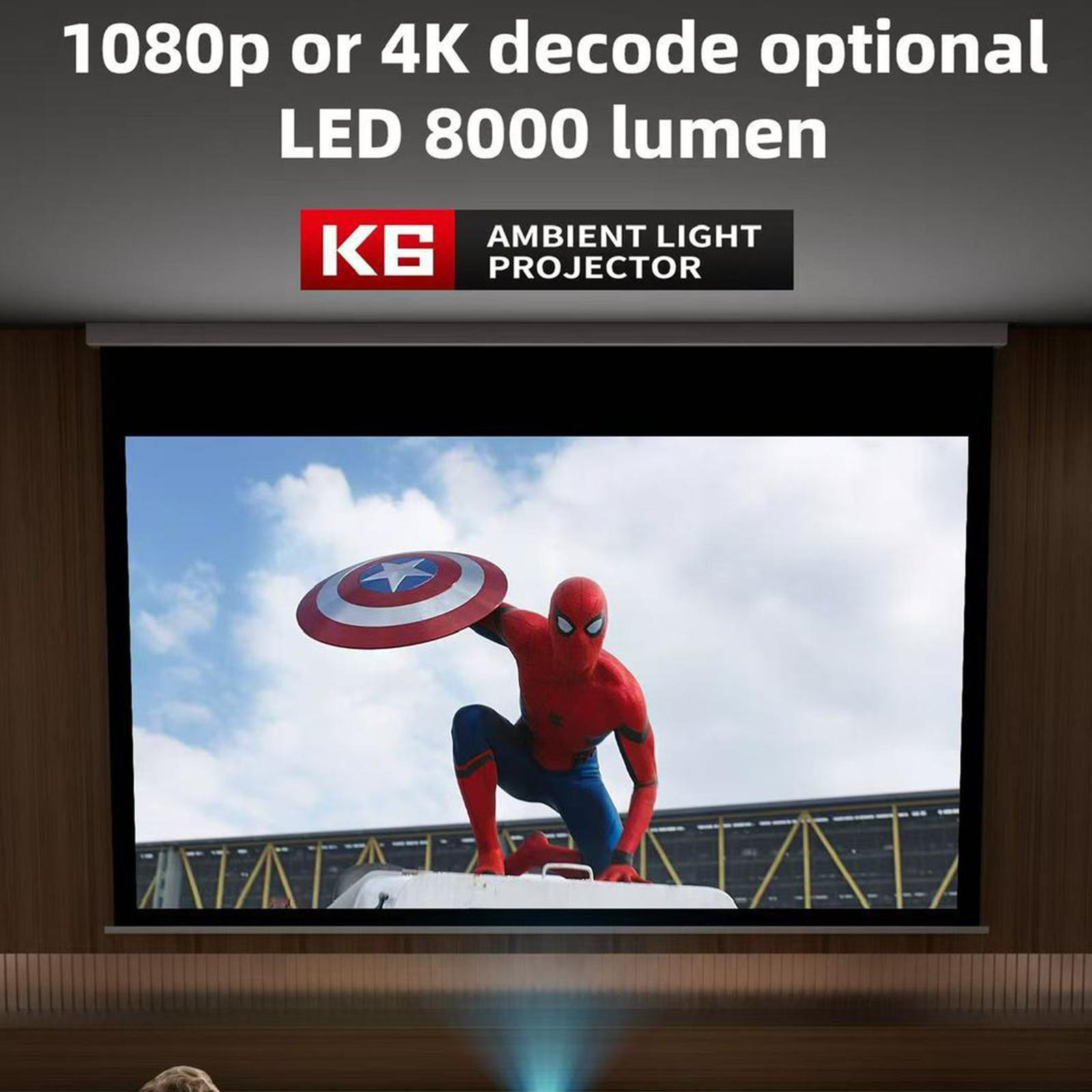Spider-Man auf dem Bildschirm, Schild haltend. Text: 1080p oder 4K, LED 8000 Lumen und Ambient Light Projector-Logo.