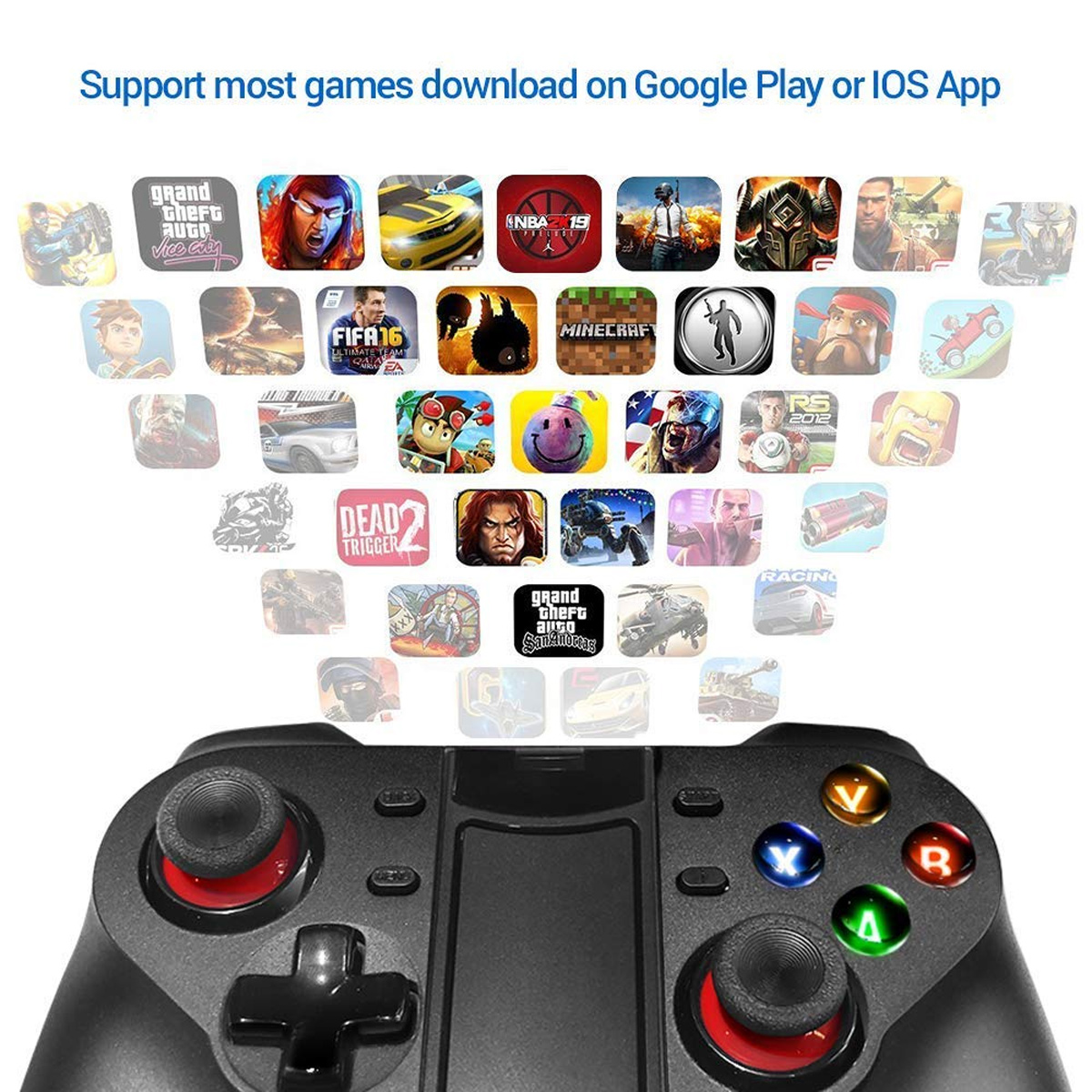 Ein schwarzer Gamecontroller mit mehreren Spielsymbolen und einem Telefon oben.