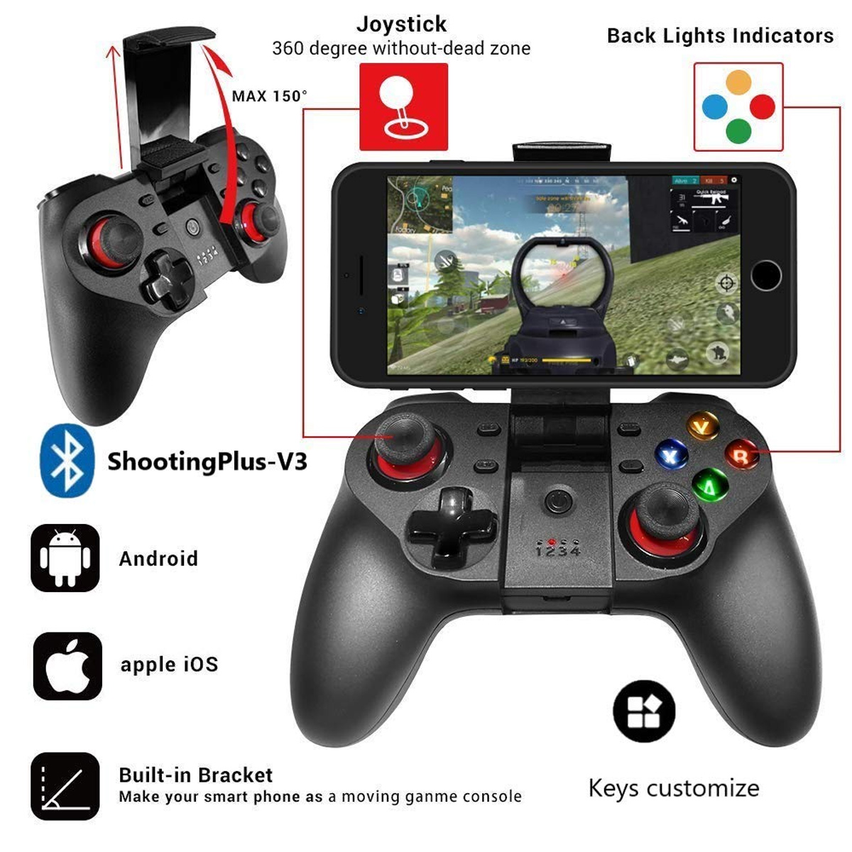 Ein schwarzer Gamecontroller mit einem befestigten Telefon. Das Telefon zeigt eine Spieloberfläche.