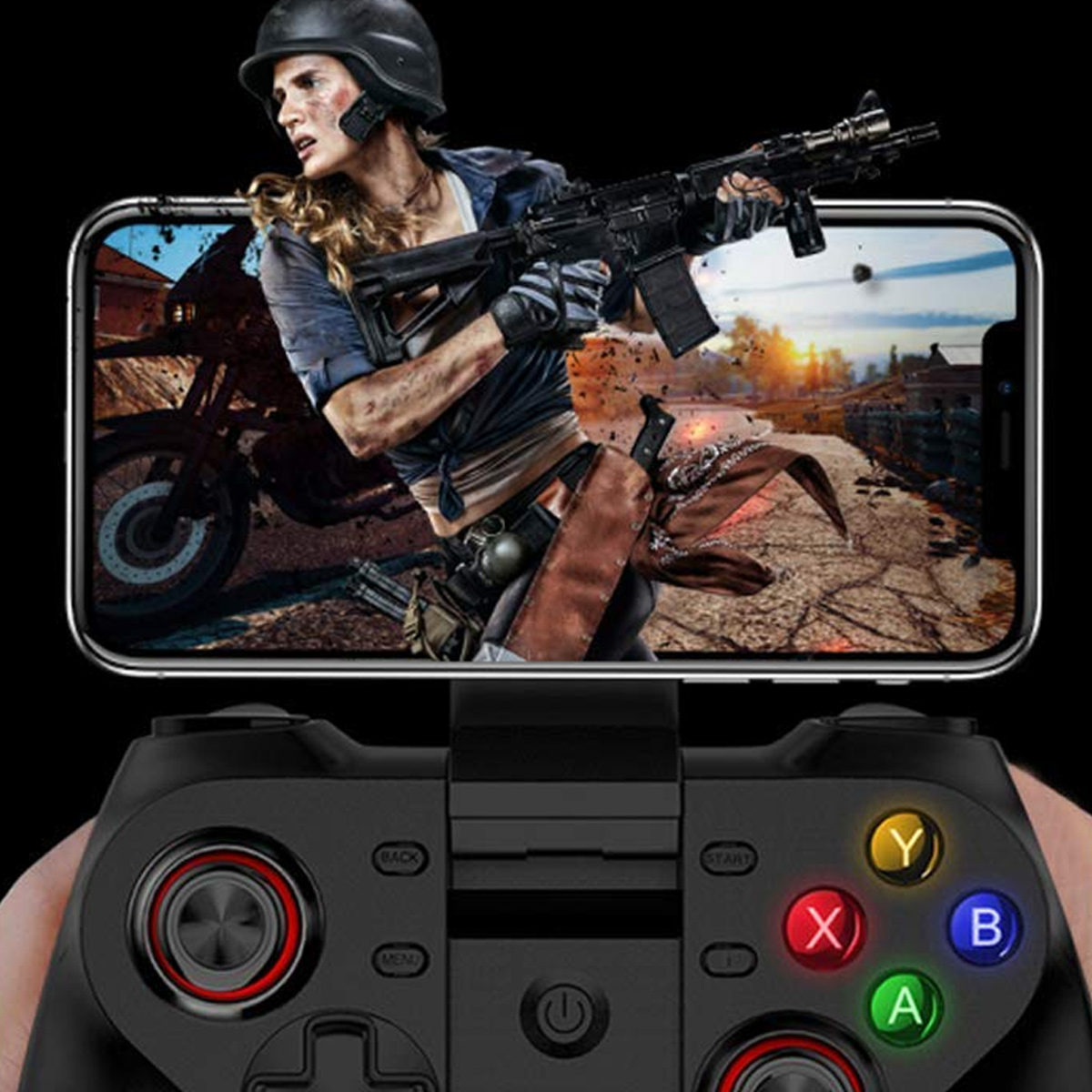 Gamecontroller mit Smartphone, das eine Spielszene mit einer Frau mit einer Waffe zeigt.