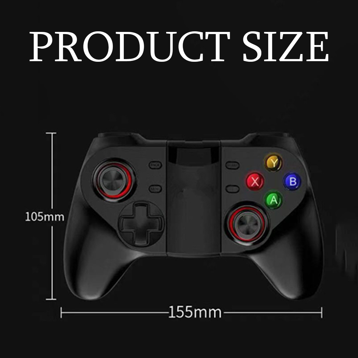 Schwarzer Gamecontroller mit Abmessungen von 155 mm Breite und 105 mm Höhe.