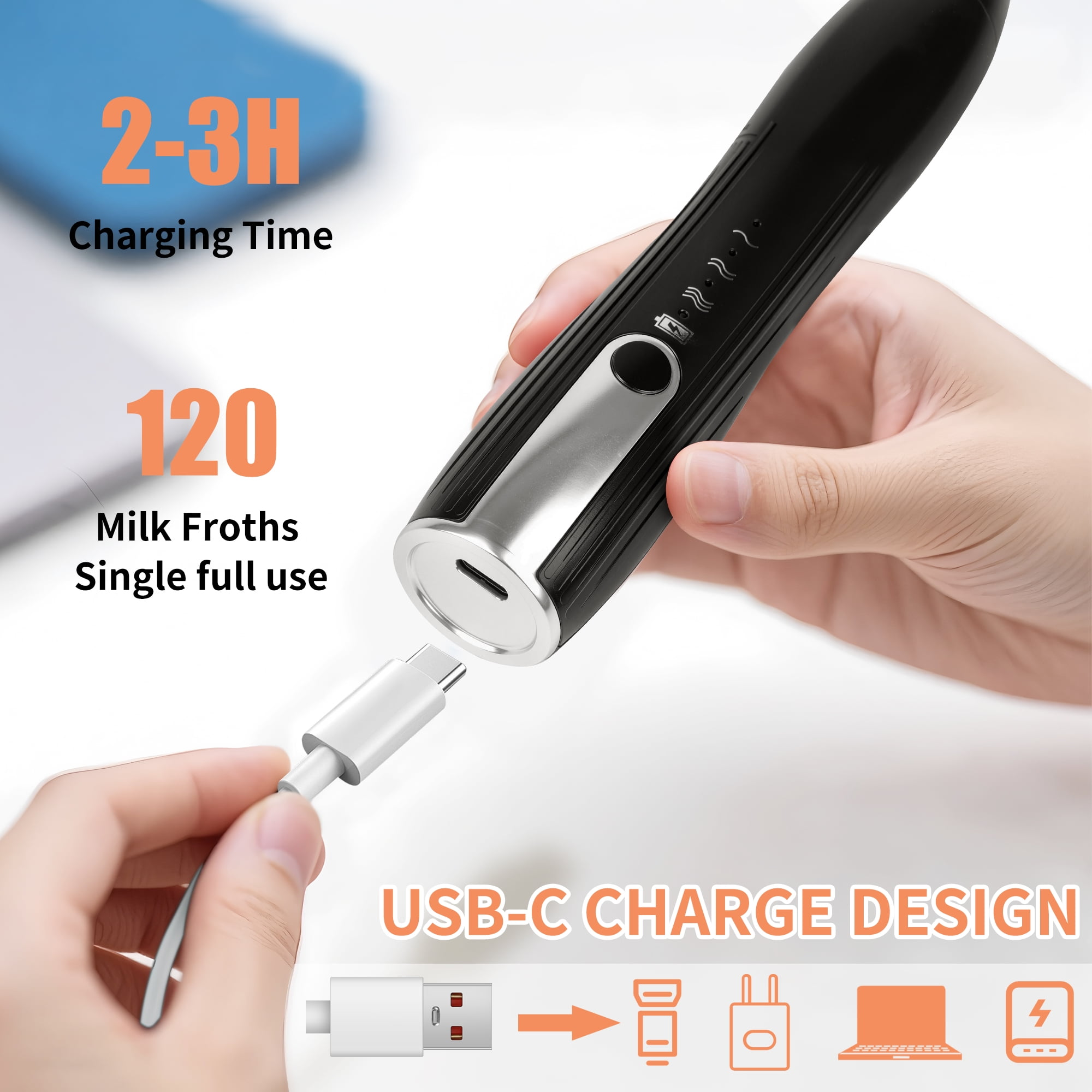 Milchaufschäumer wird geladen. USB-C-Ladedesign. Weißer Hintergrund.