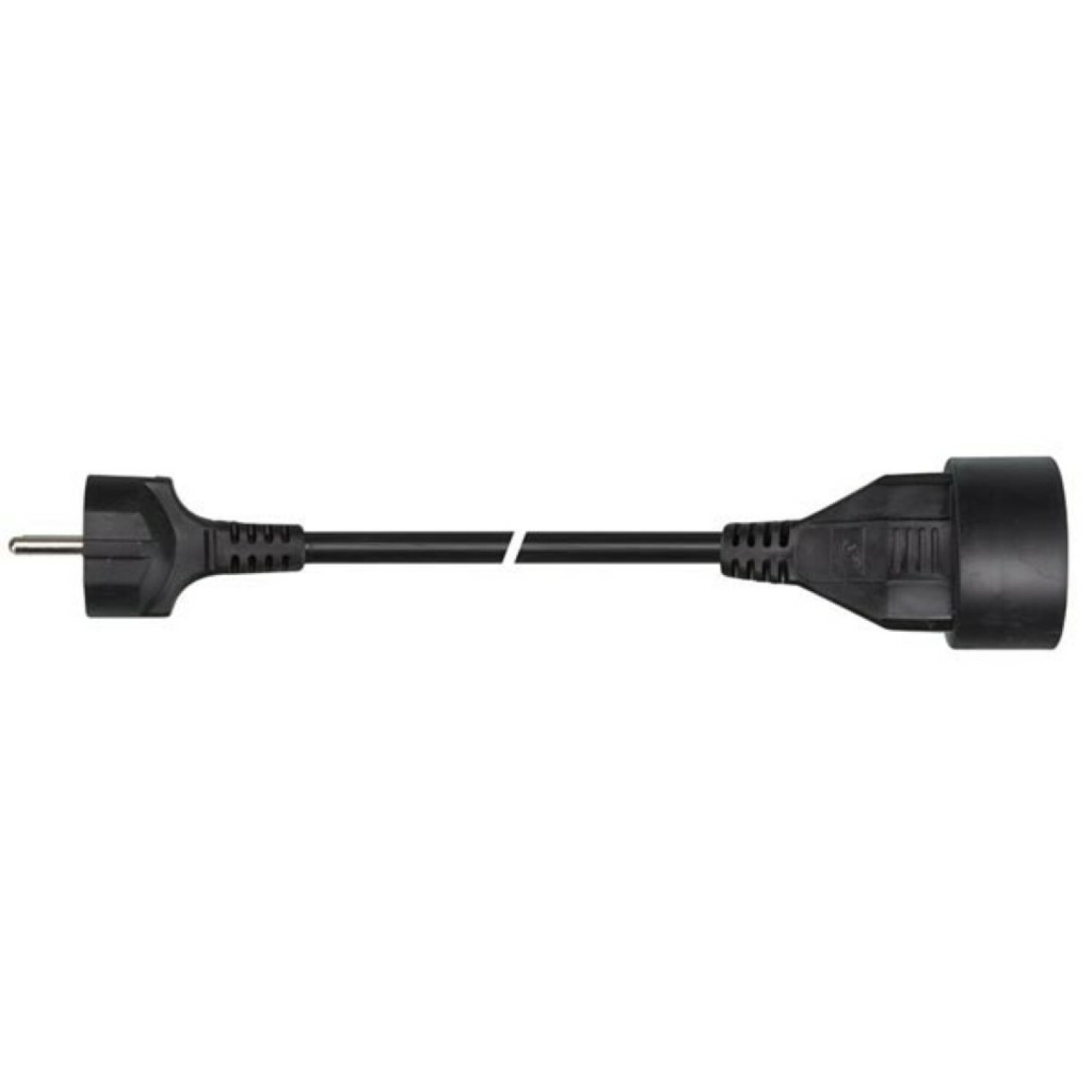 Schwarzes Netzkabel mit Stecker an einem Ende und Buchse am anderen.