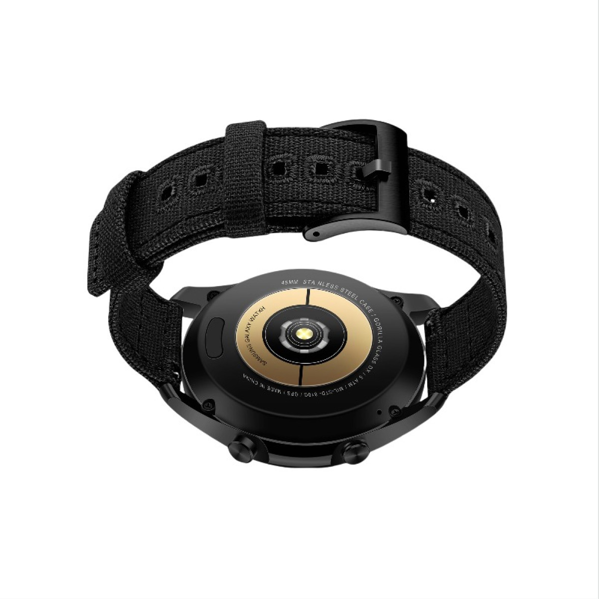 Rückansicht einer schwarzen Smartwatch mit schwarzem Armband, zeigt die Details.