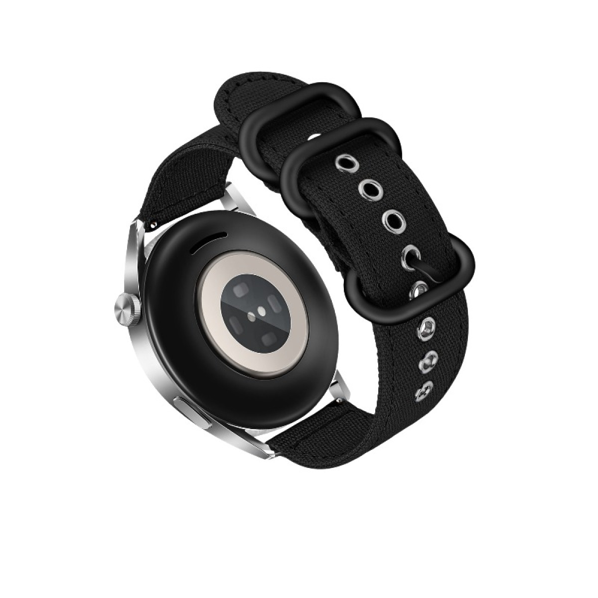 Smartwatch mit schwarzem Armband, Rückseite, Herzfrequenzsensor sichtbar.