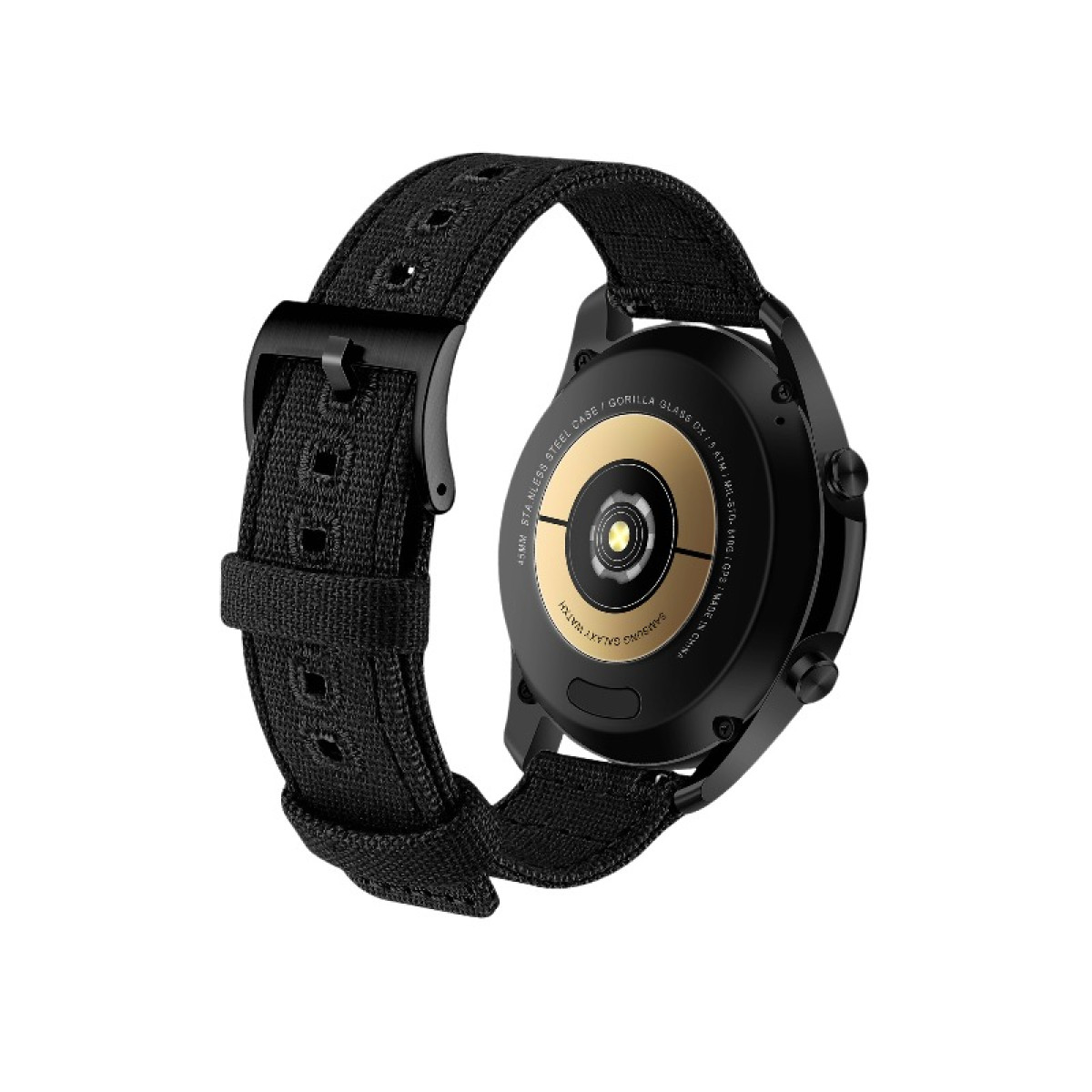 Schwarze Smartwatch mit schwarzem Stoffarmband. Die Rückseite ist sichtbar.