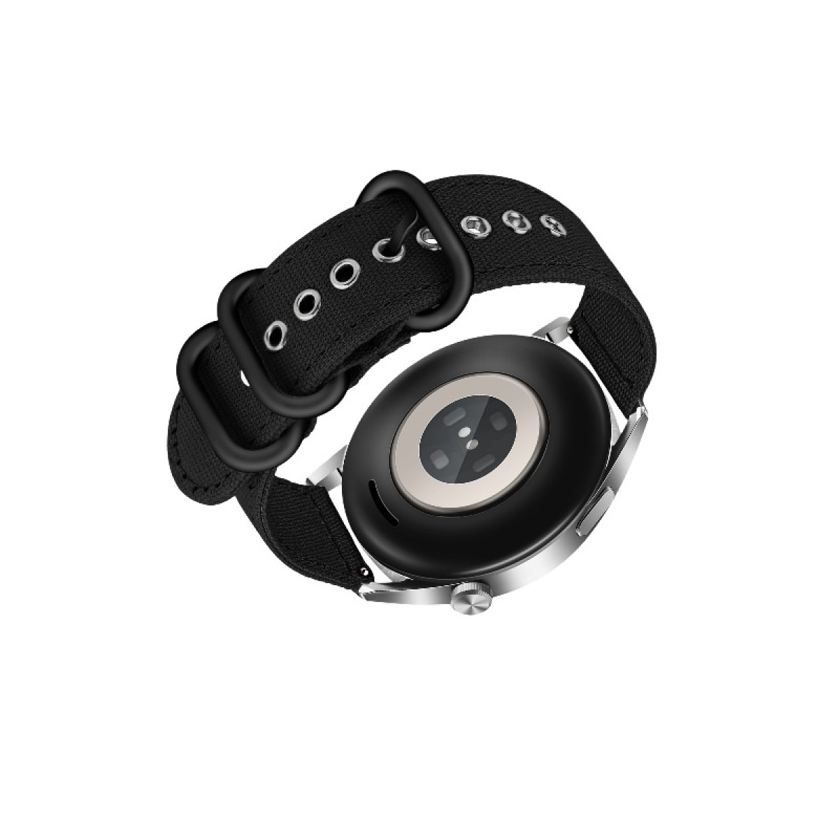 Smartwatch mit schwarzem Armband, Rückansicht, zeigt den Herzfrequenzsensor.