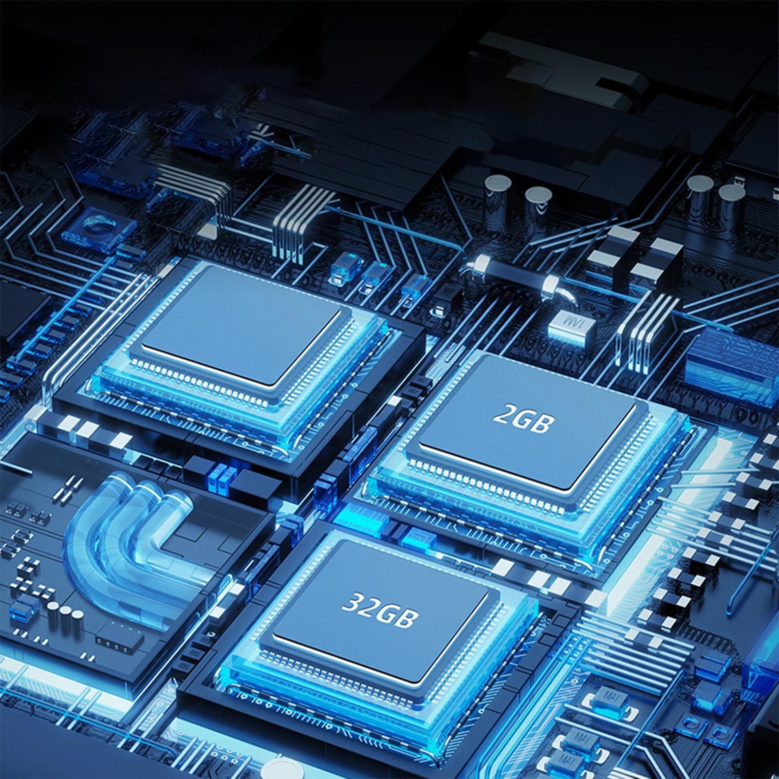 Nahaufnahme der Leiterplatte eines Computers mit drei beschrifteten Chips, blaue Neonbeleuchtung.