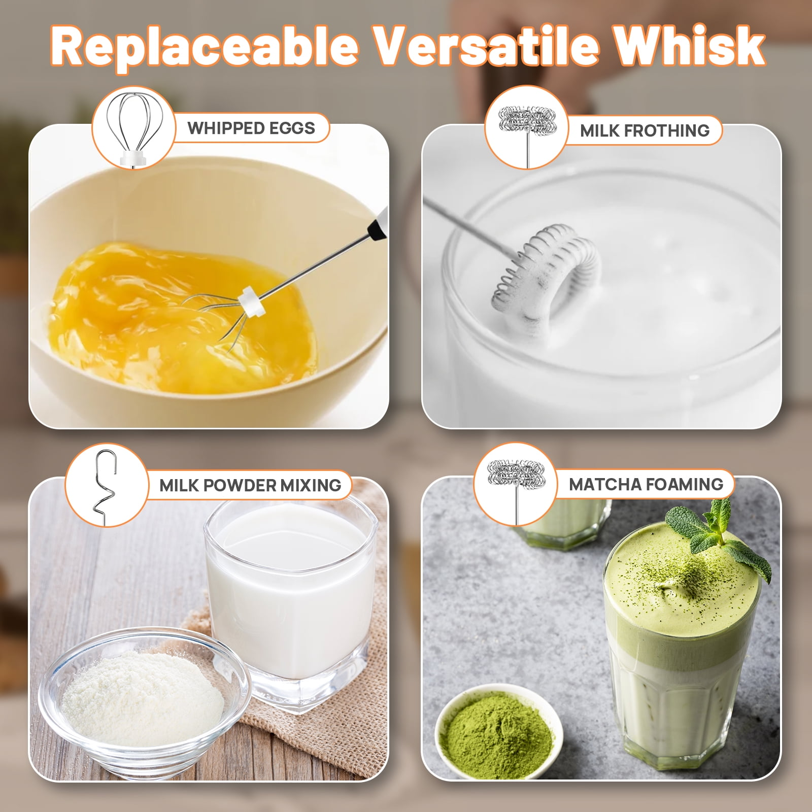 Collage von vier Bildern, die verschiedene Verwendungen für einen Schneebesen zeigen: Eier, Milchschäumen, Milchpulver und Matcha.