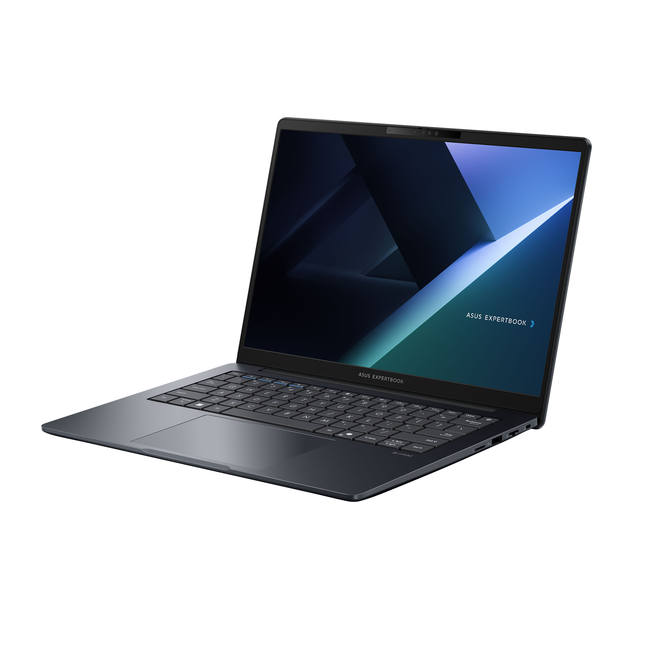 Geöffneter Laptop mit schwarzer Tastatur, zeigt einen blau-grauen Bildschirm, auf weißem Grund.