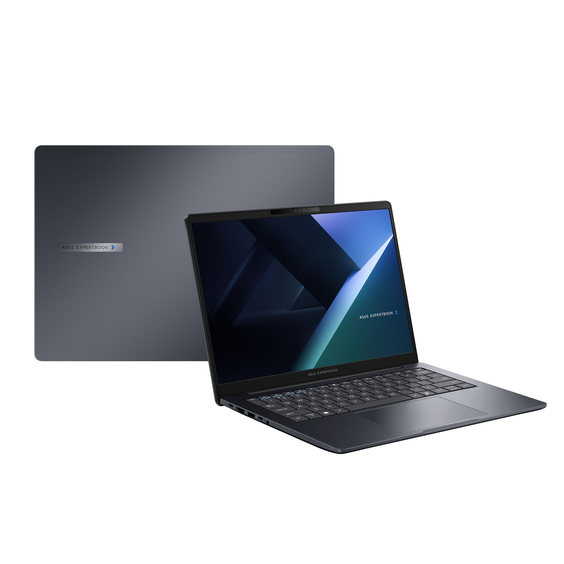 Dunkelgrauer Laptop, auf weißer Oberfläche geöffnet. Der Bildschirm zeigt ein dunkelblaues Bild.