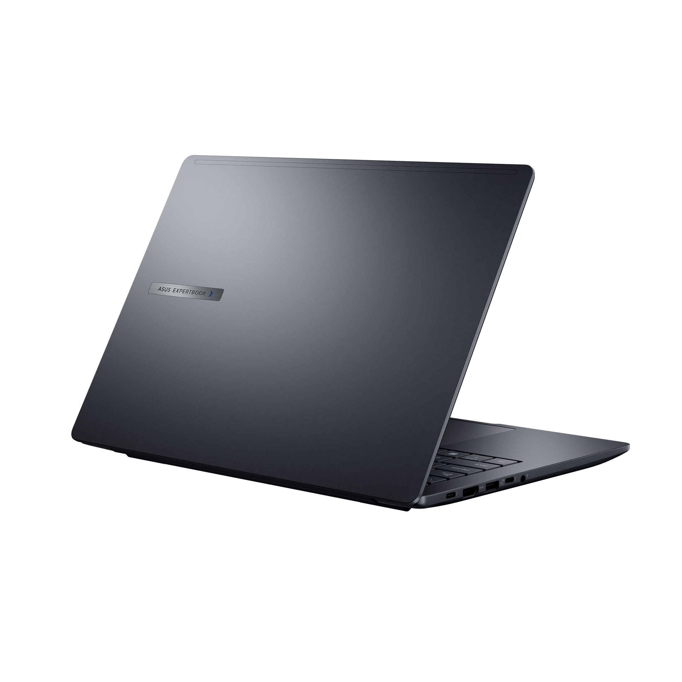 Rückansicht eines geschlossenen schwarzen Laptops auf weißem Hintergrund. Der Bildschirm ist geschlossen.